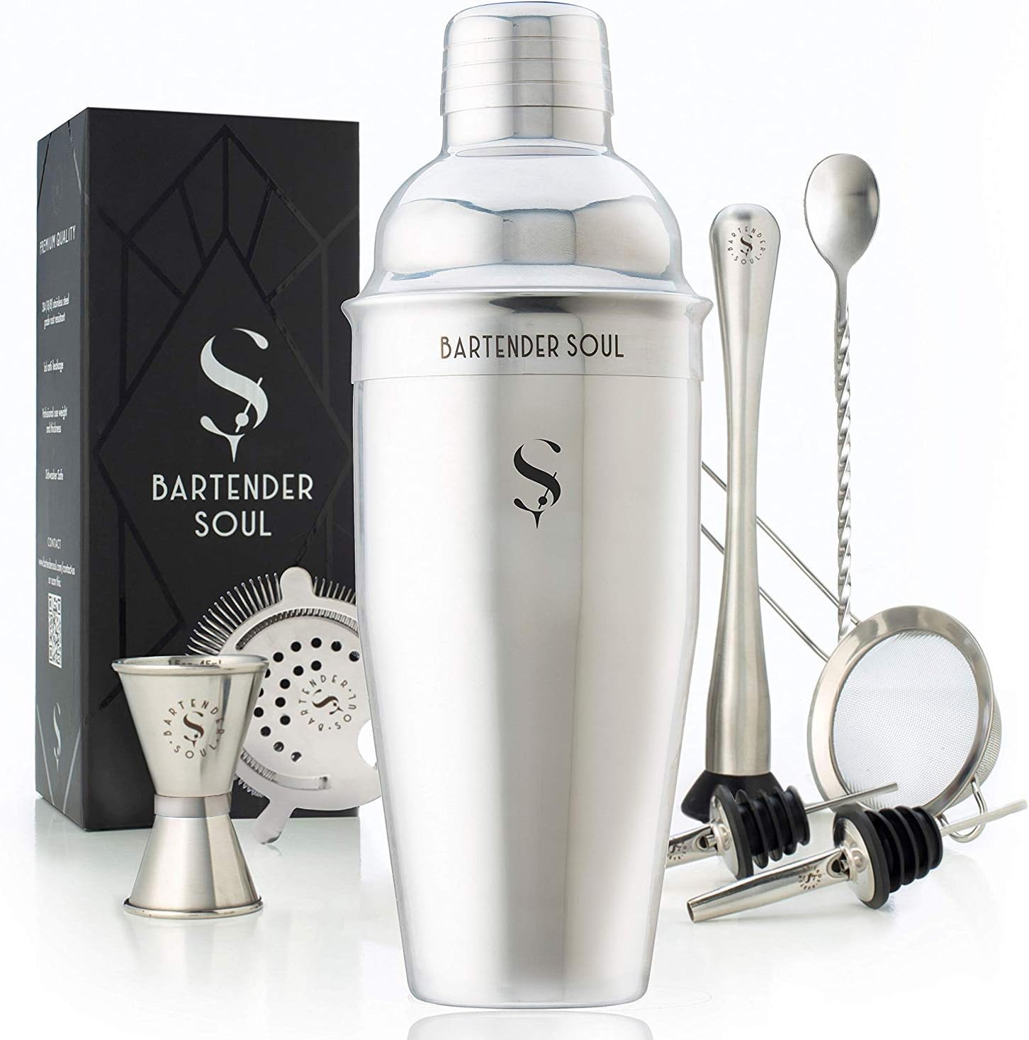 BARTENDER SOUL Professional Cocktail Shaker Set - SteelArt Collection - Heavy Duty Reliable Tool Kit