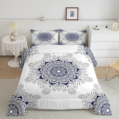 Erosebridal Juego de edredón de flores bohemias, juego de ropa de cama individual con mandala azul marino para mujeres y hombres, edredón bohemio