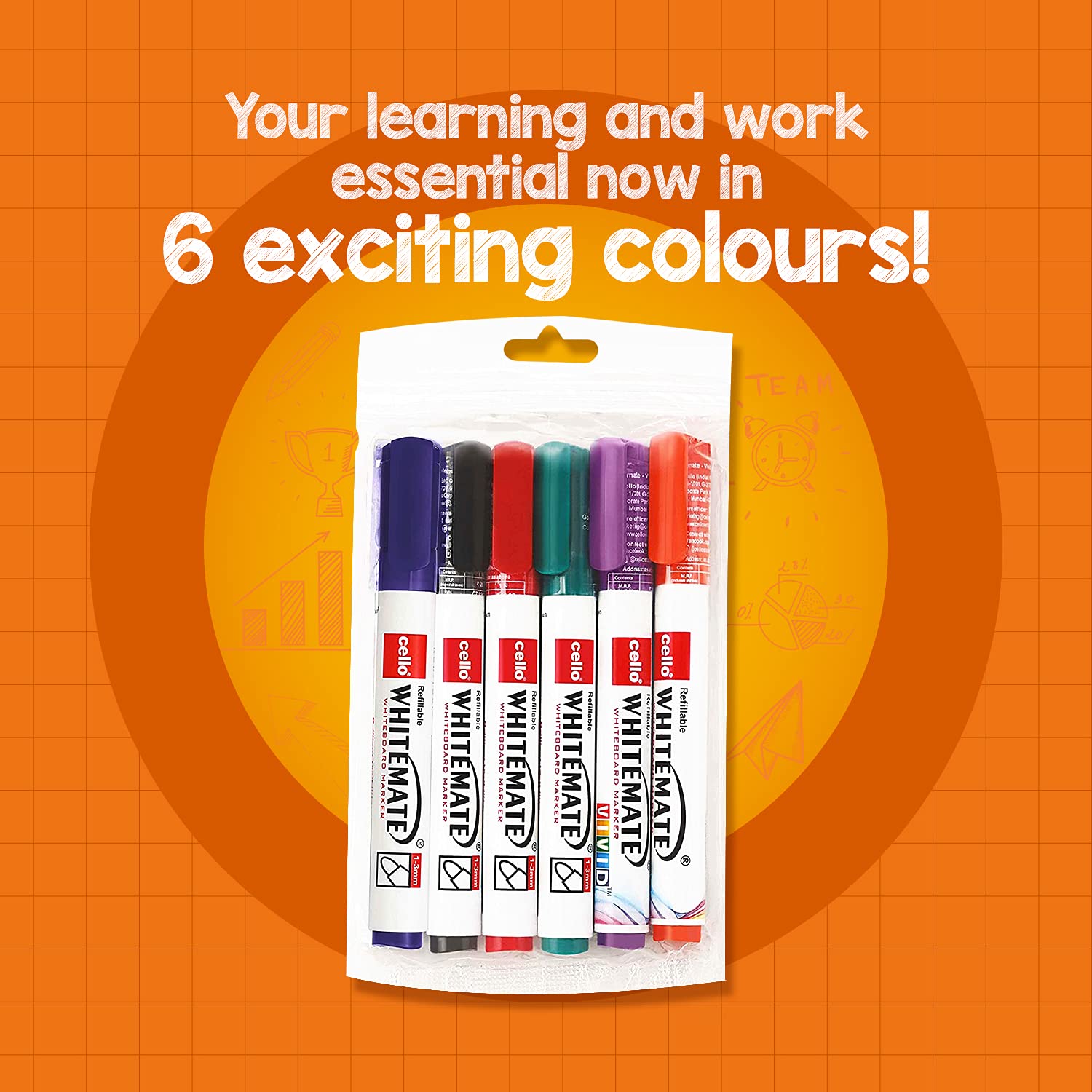 Cello Whitemate Whiteboard Markers Set of 6 Assorted Ink Colours