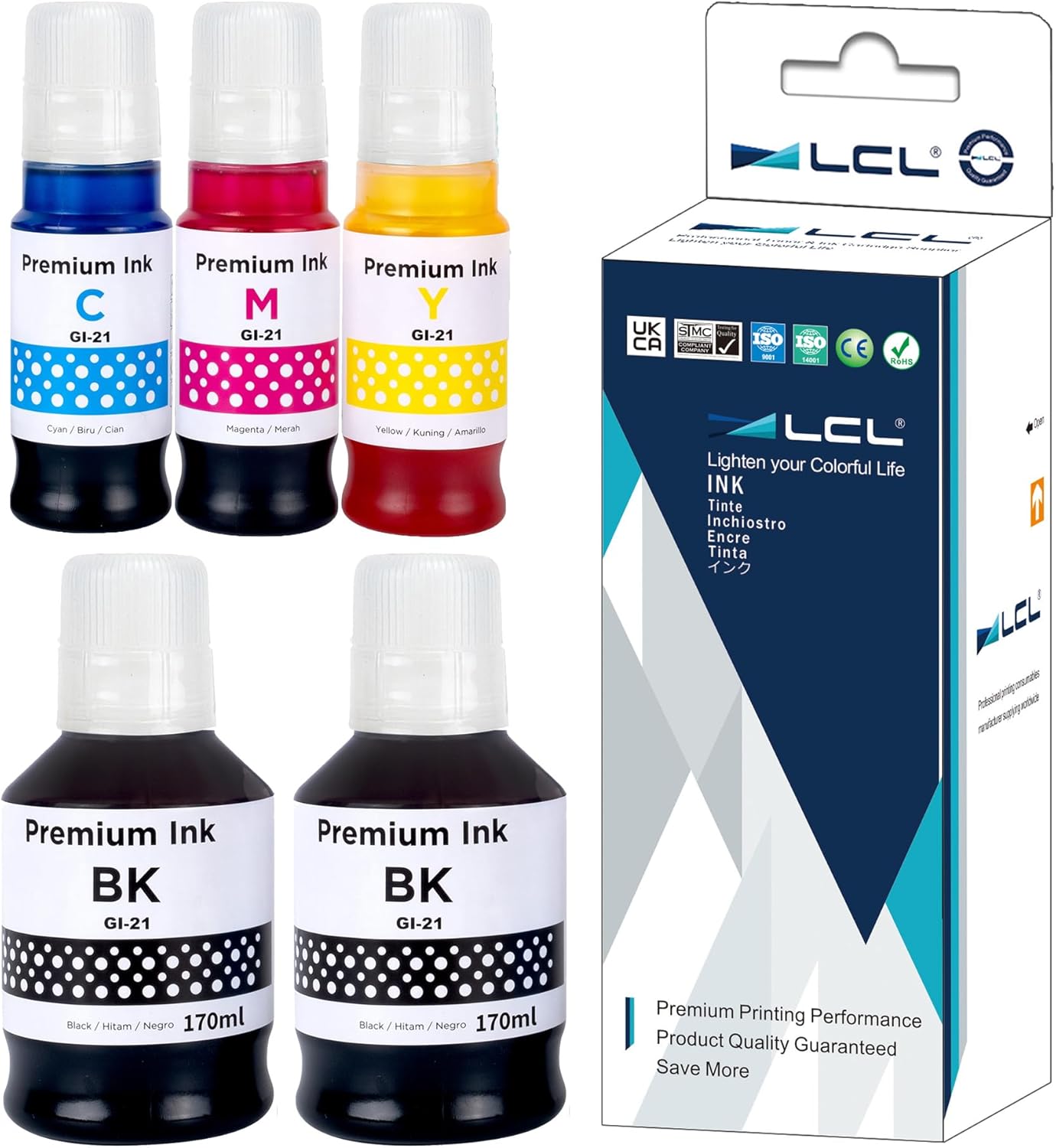 LCL GI21 GI-21 Ink Bottle Replacement for Canon Canon PIXMA G3260 G3270 G2270 G2260 G1220 G1230 (5-Pack 2Black/Cyan/Magenta/Yellow)
