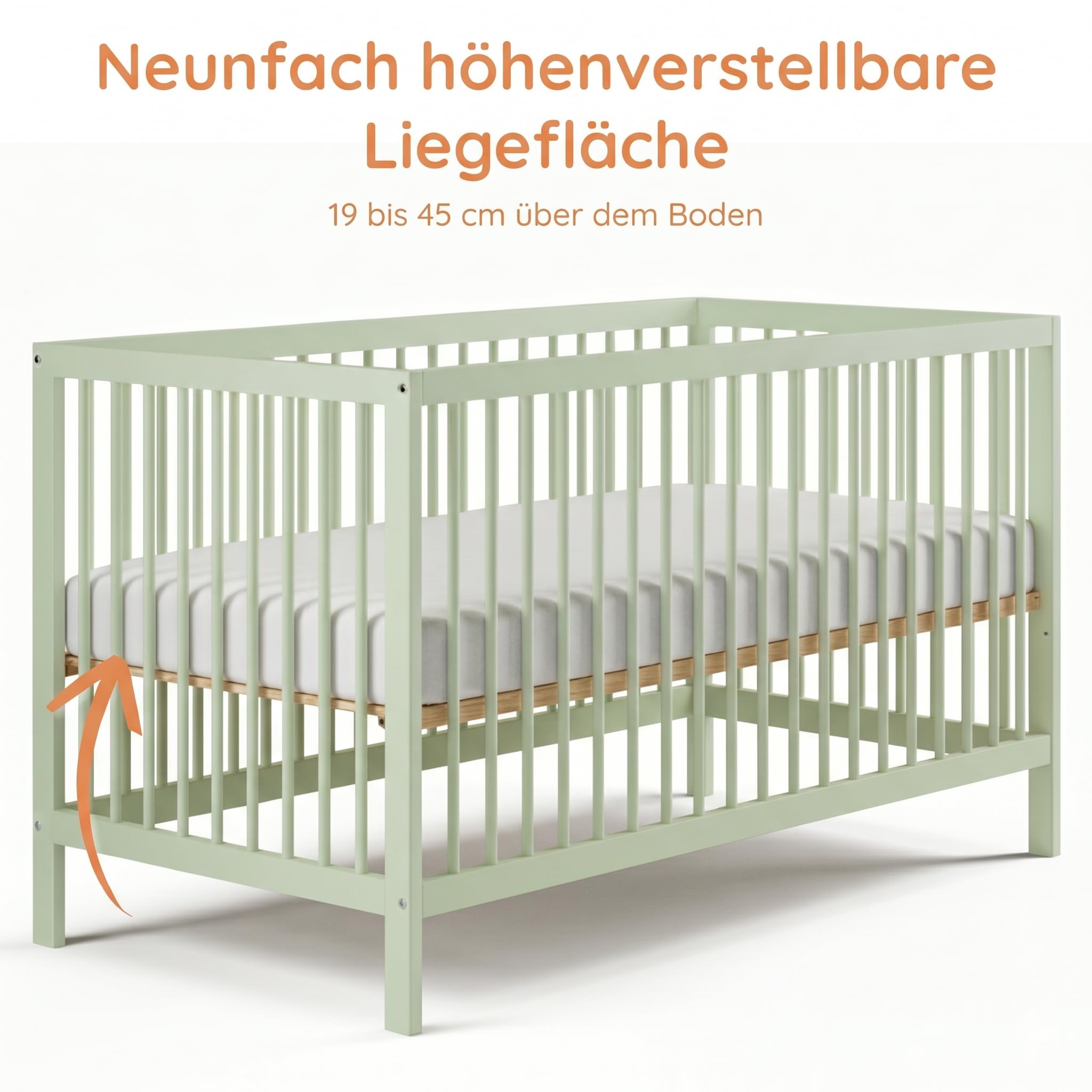 Kids Collective Babybett Kinderbett Gitterbett 60x120 & 70x140 cm höhenverstellbarer Lattenrost & herausnehmbare Sprossen stabiles Buchenholz | ab Geburt bis zum 3. Lebensjahr Made in EU | grün