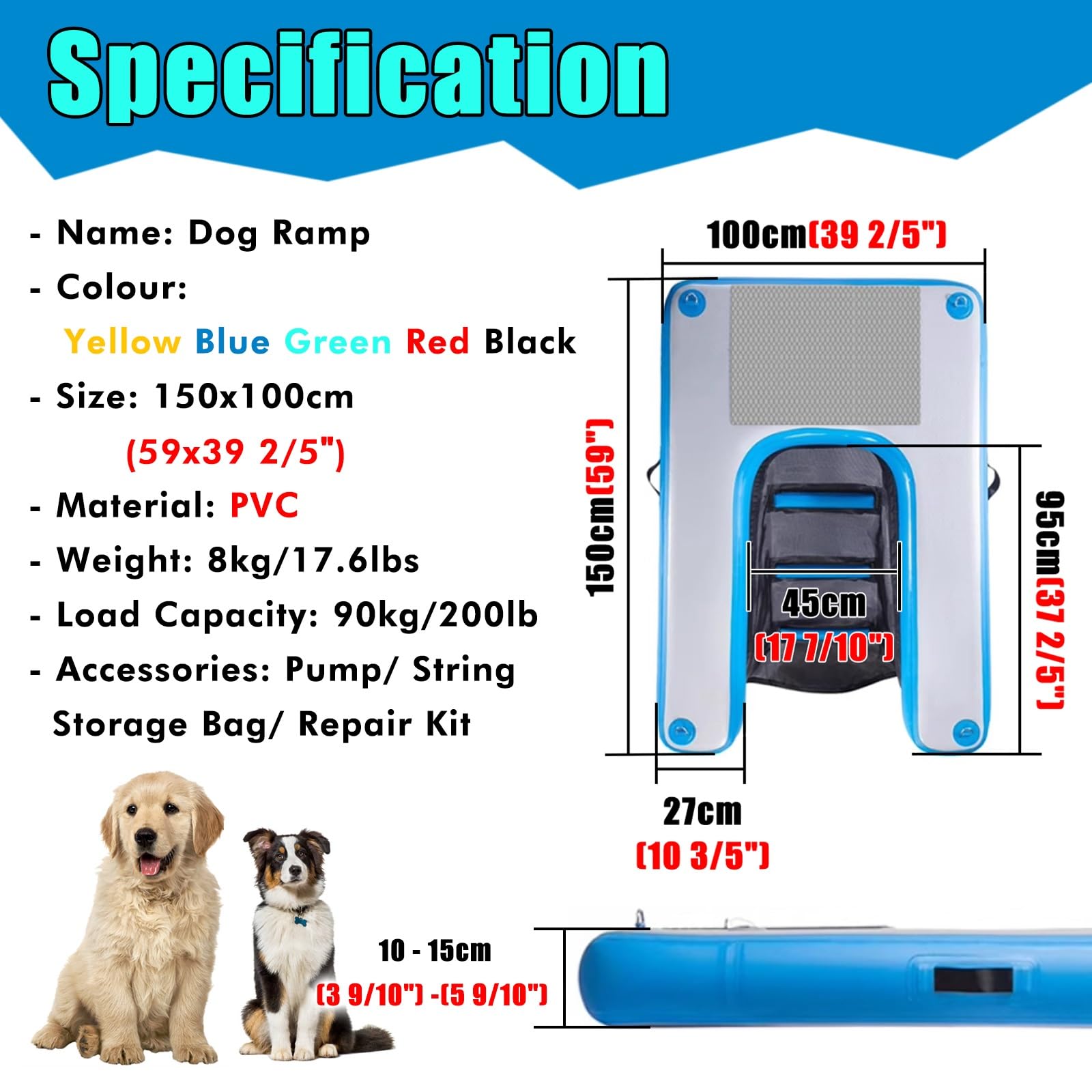 Rampa de Agua Para Perros Escalera de agua para perros con escalones 3D antideslizantes y bomba/kit de reparación, rampa flotante inflable para piscina/plataforma para perros en playas, muelles(Black,