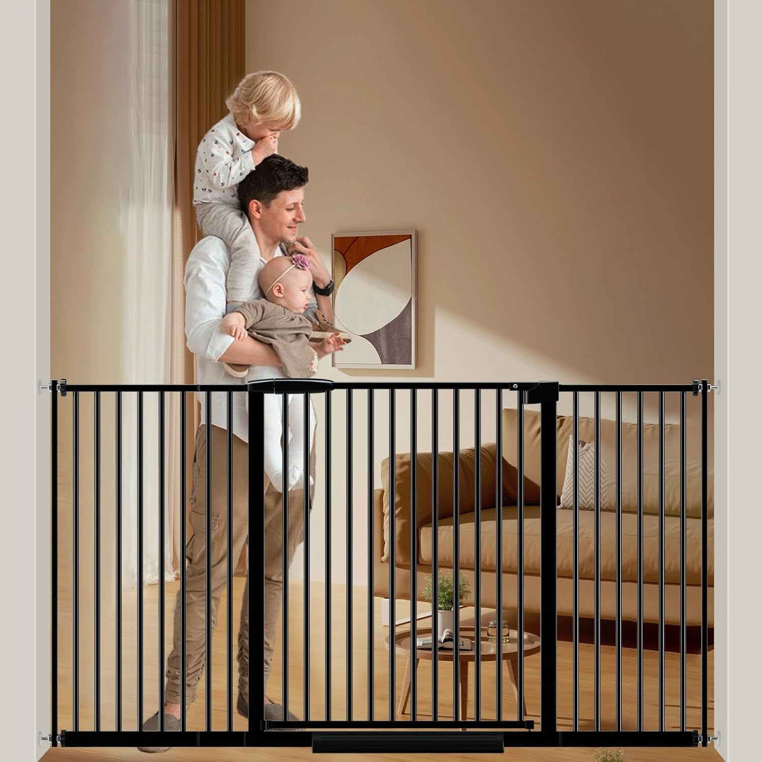 DEARBB Extra Wide Baby Gate Ultra Narrow Spacing 30.11-77.36" Pressure Mounted Double Lock Swing Auto Close Walk Through Metal Safety Pet Gate for Stairs and House Doorway Kitchen