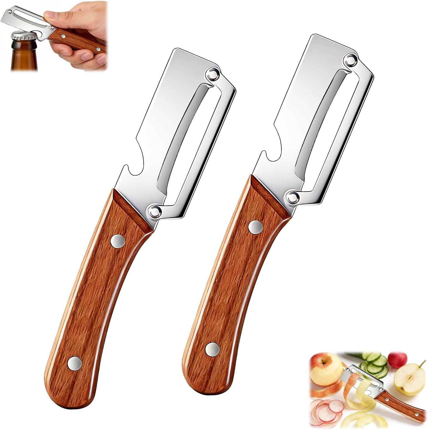 2-Pack Sharp Stainless Steel Vegetable Peeler with Wooden Handle & Bottle Opener - Non-Slip Grip for Fruits, Potatoes & Veggies