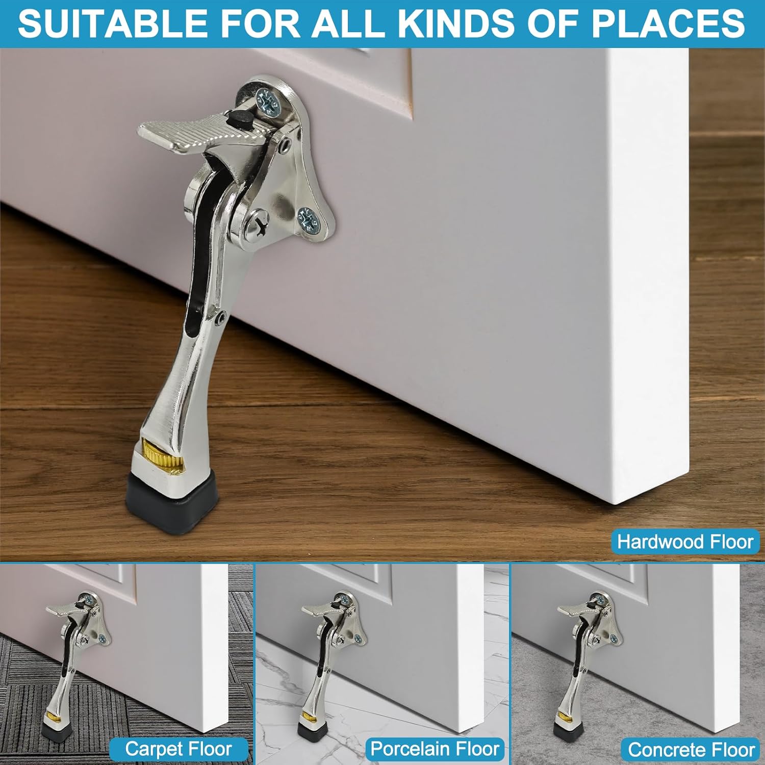 8 Pack Door Stoppers, Heavy Duty Kickdown Door Stopper, Adjustable Door Stop for The Bottom of Door, Aluminum Alloy Metal Door Holder with Rubber Tip to Keep Door Open (Satin Nickel)