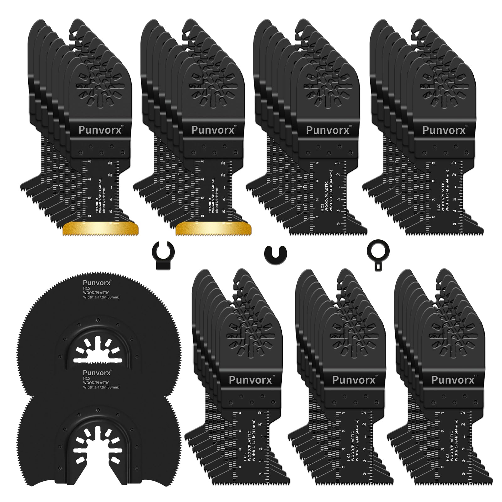 Punvorx 50Pcs Titanium & HCS Multi Tool Blades with Semicircle Oscillating Saw Blades for Metal Wood Nails Cutting, Quick Release Oscillating Tool Accessories Compatible with Milwaukee, Ryobi, Bosch