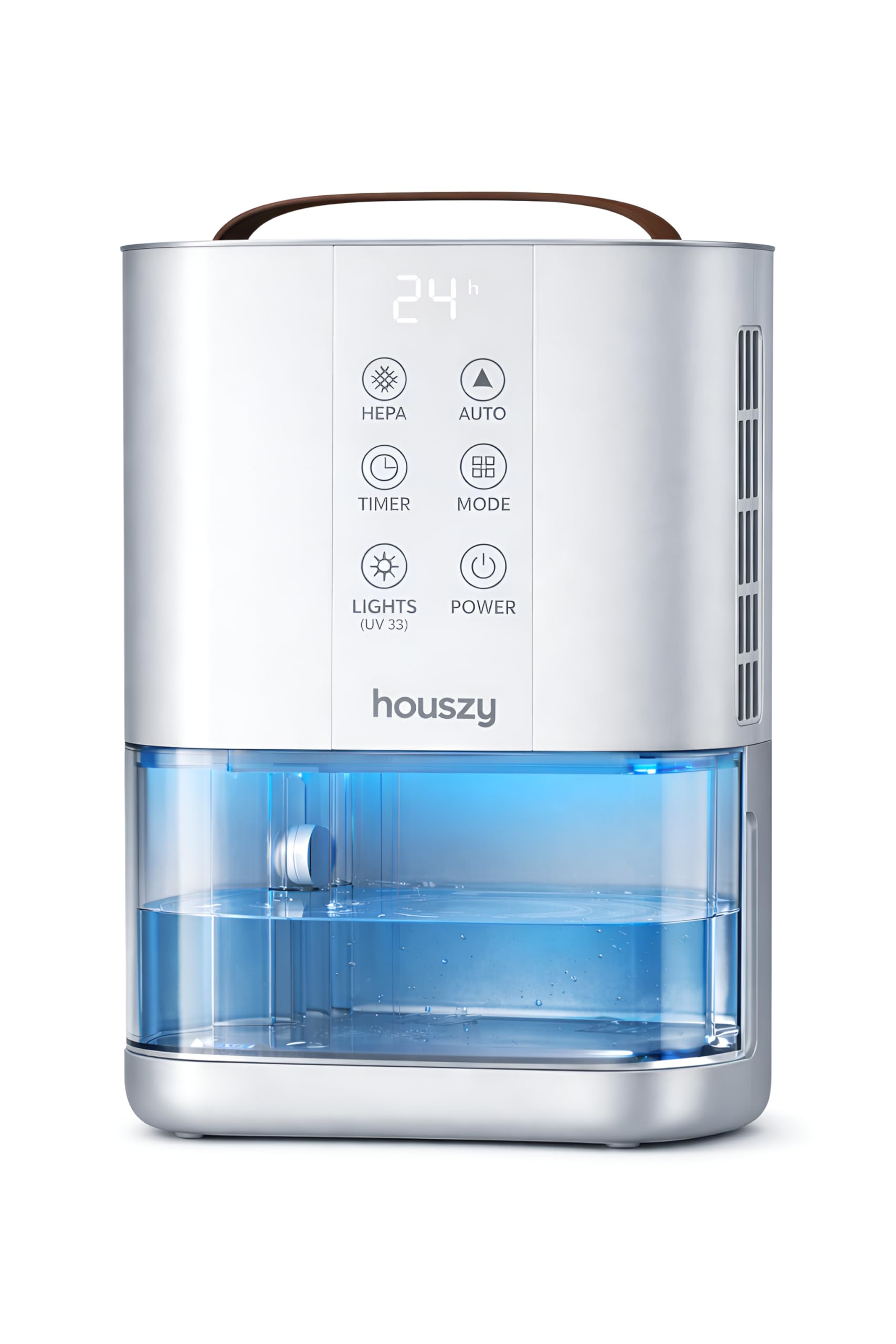 Houszy 40W Semiconductor Dehumidifier, 2.2L Water Tank, 3 Modes (Sleep/Low/Strong), Real-Time Humidity Display, Timer, Ambient Lights, Auto Defrost, Full Tank Alert