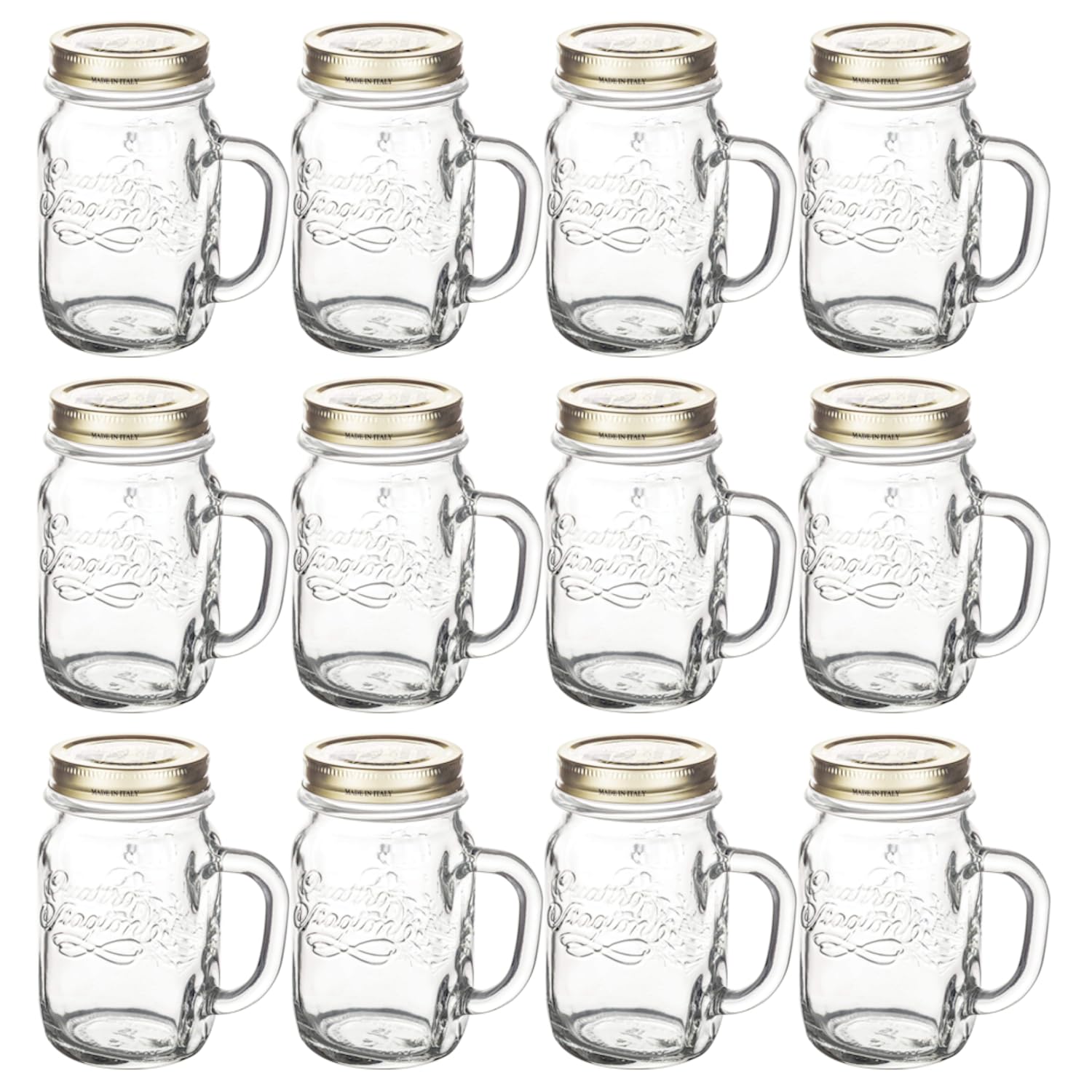 12x Bormioli Quattro Stagioni Henkelbecher 415 ml – Dekoratives Glas zum Servieren von Limonade, Eistee, Schorlen, Protein-Shakes – dank Deckel geschützt vor Insekten, Vorratsgläser, To-Go Glas