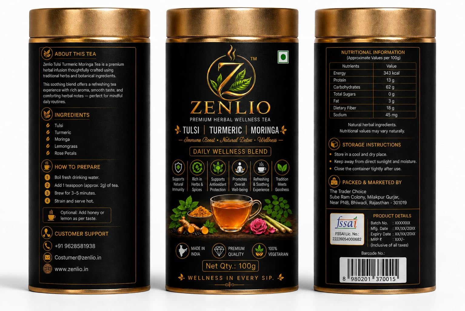ZENLIO Premium Herbal Wellness Tea with Tulsi, Turmeric and Moringa, Immune Boost, Natural Detox, 100% Vegetarian, 100g product image 2