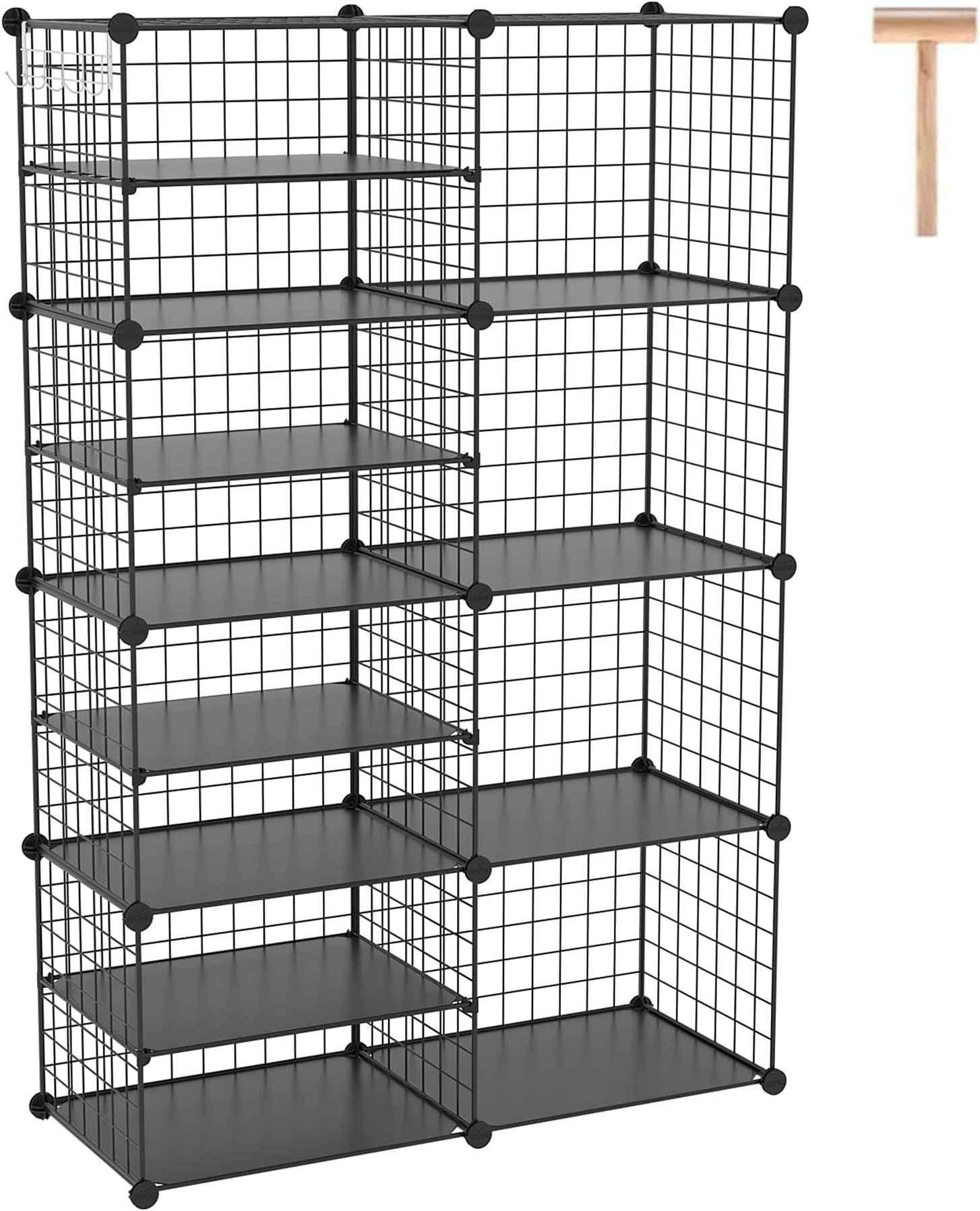 Wire Cube Storage Unit, Interlocking Metal Wire Organizer with Divider Design, Modular Cabinet with Plastic Panels, Bookshelf Stackable Closet Organizer with Small Hooks, Black UWCSIM08B