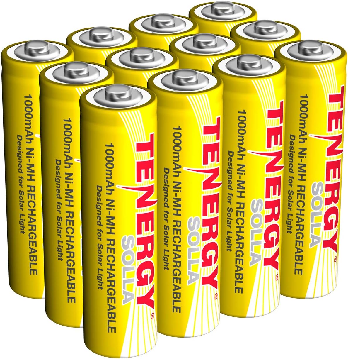 Tenergy Solla Rechargeable NiMH AA Battery, 1000mAh Solar Batteries for Solar Garden Lights, Anti-Leak, Outdoor Durability, 5+ Years Performance, 12 Pack, UL Certified