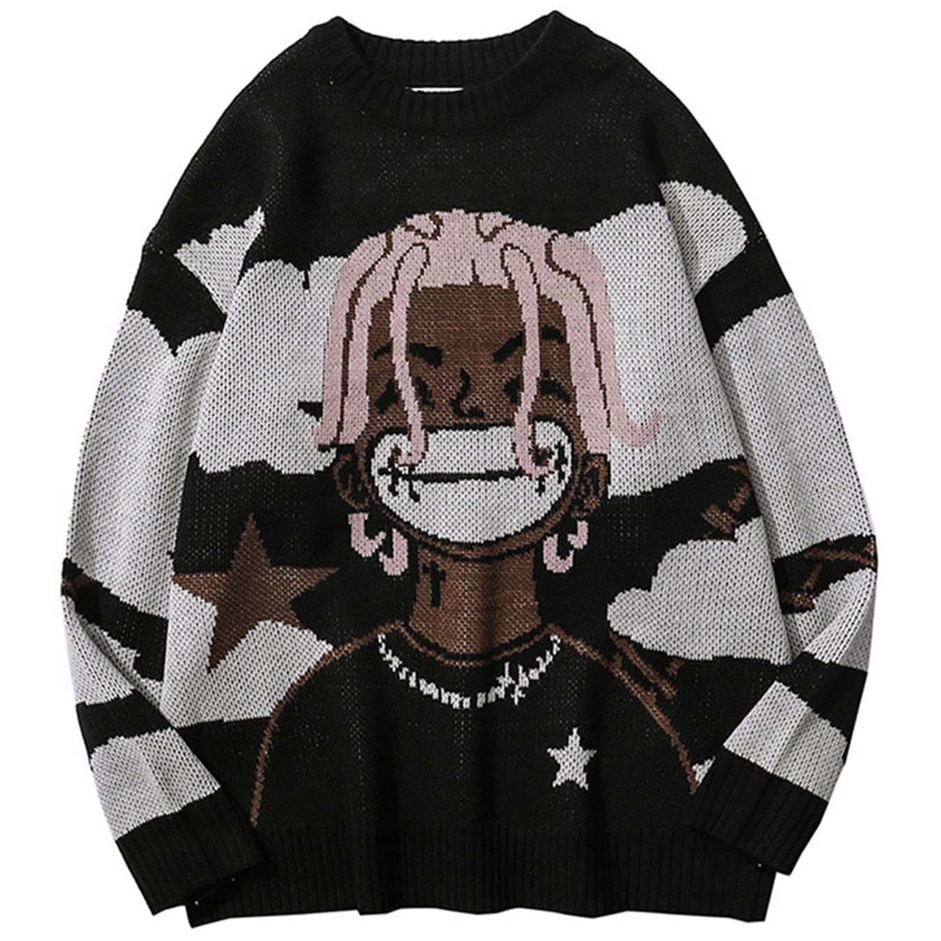 VIKYANUnisex Anime Rapper Knitted Sweater Oversized Long Sleeve Hip Hop Vintage Pullover Knit Sweater