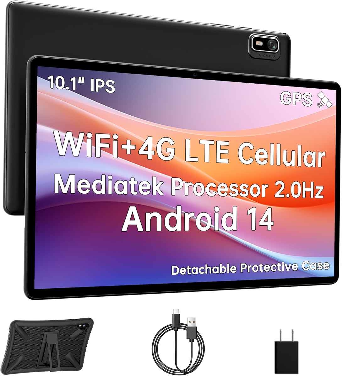 Tableta Android 14 de 10,1 pulgadas, SIM 4G desbloqueada, CPU de cuatro núcleos 2,0 GHz, 3 GB+32 GB, TF ampliable, pantalla IPS, WiFi 5G, Bluetooth 5.0, cámaras duales de 5 MP+8 MP, 5000 mAh, GPS, Google Kids Space, funda negra