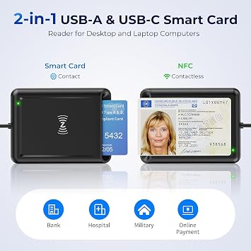 Quanlex 2in1 USB-A & USB-C Chipkartenleser mit NFC Kartenlesegerät für den neuen Personalausweis Smart Card Reader kompatibel mit Windows Linux Android & Mac 95cm Kabel