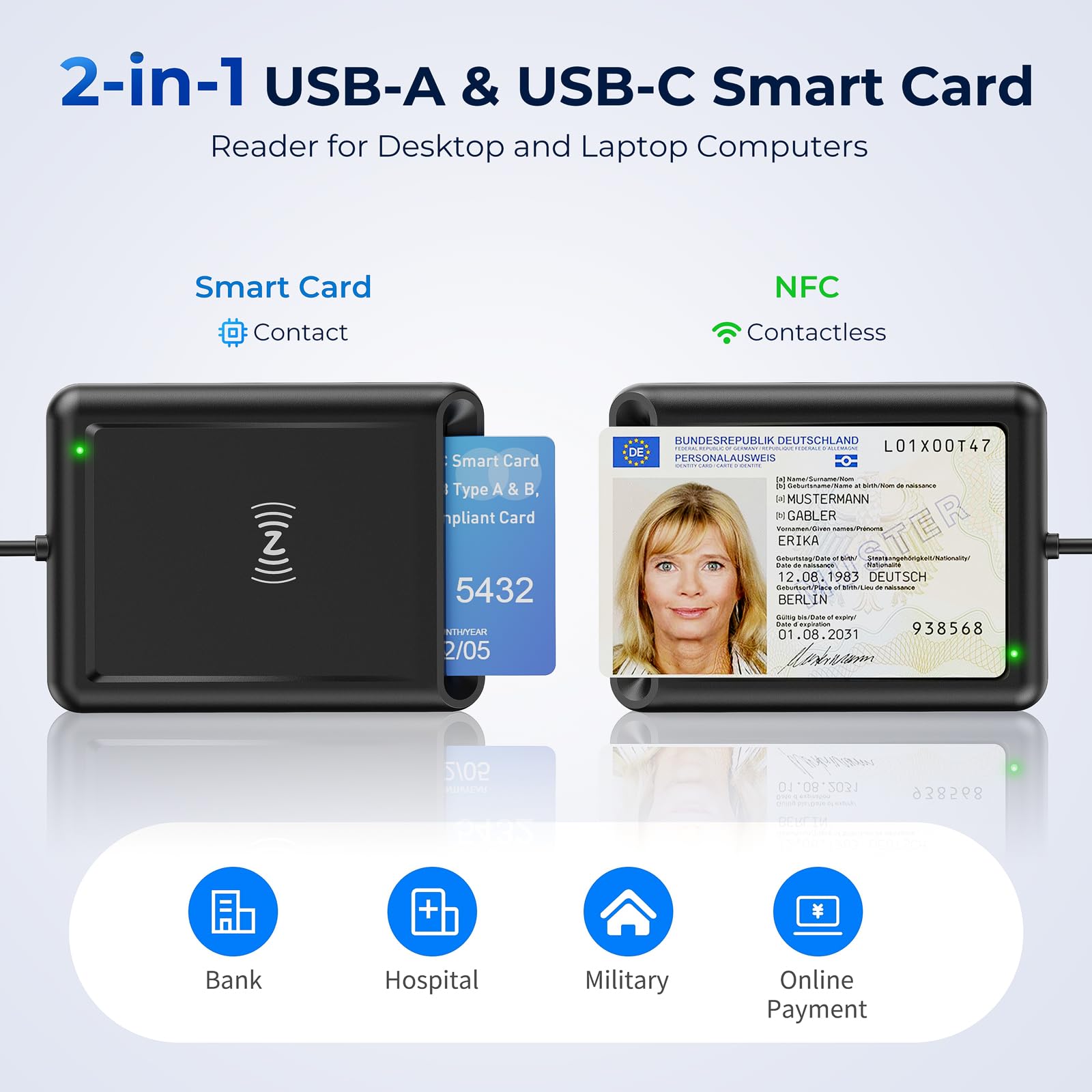 Quanlex USB-A+USB-C czytnik CIE 3.0 elektroniczna karta identyfikacyjna i karta medyczna, czytnik kart Smart NFC do DNI, kart bankowych, kompatybilny z systemem Windows, Linux, Android, kabel 95 cm