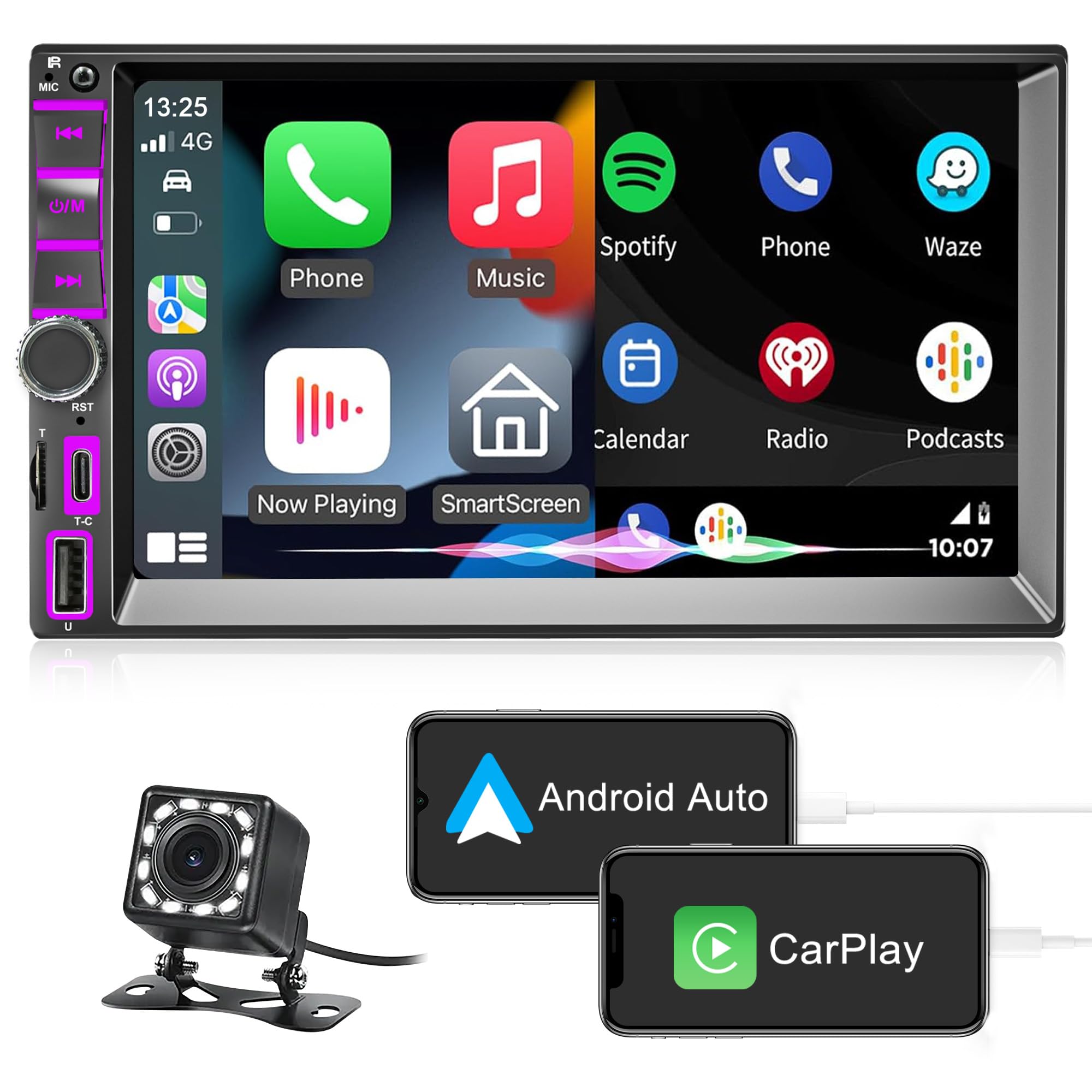 Autoradio 2 Din with Apple CarPlay and Android Auto, 7 Inch LCD Touchscreen RDS FM/AM Vehicle Radio with Type-C Phone Charge,Bluetooth, Mirror-Link, Waterproof Backup Camera, Audio Receiver, GPS Navi