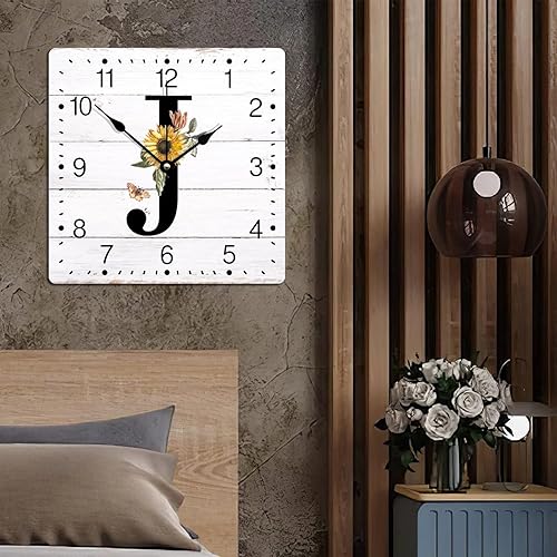 Miniatura 4 de Reloj de pared de PVC, letra inicial J número, monograma, girasol, mariposa, nombre familiar, 12 pulgadas, cuadrado, silencioso, sin tictac, reloj