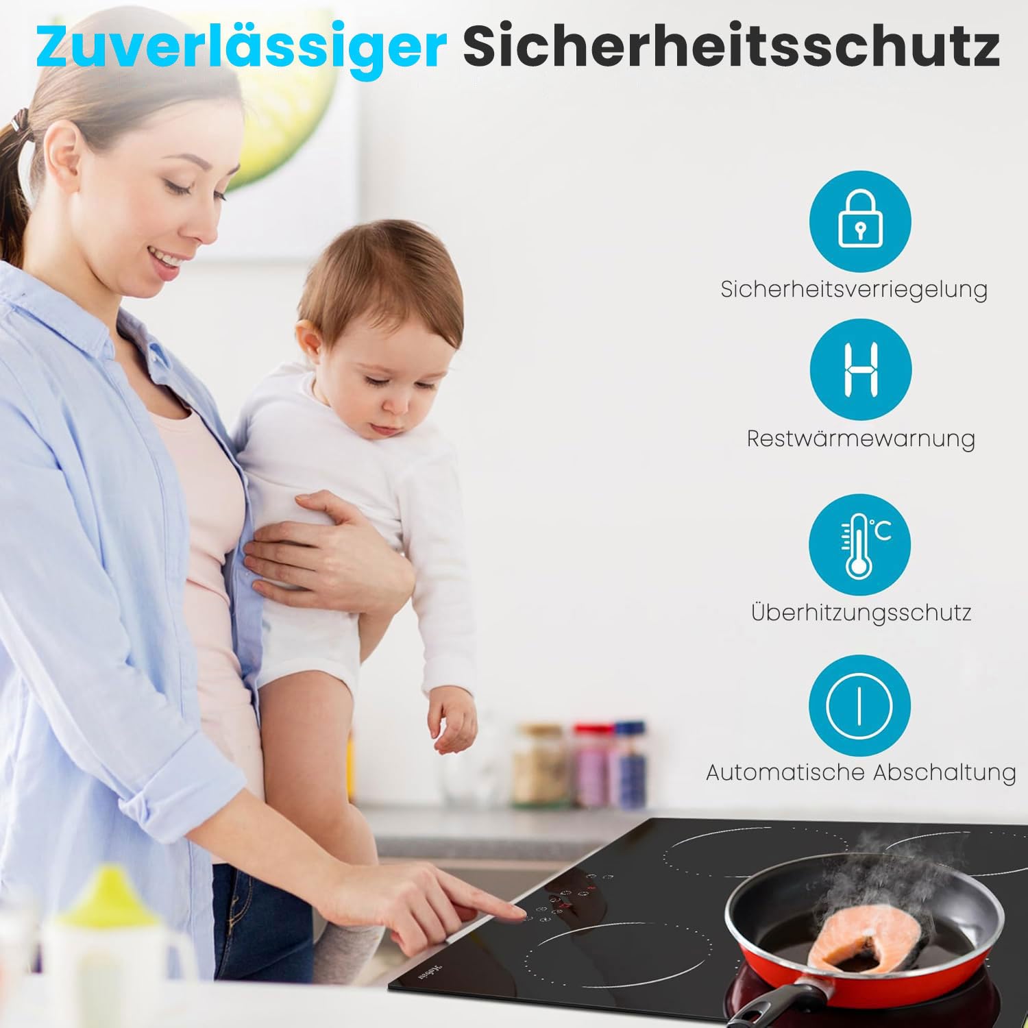 Glaskeramikkochfeld 4 Zonen 60cm 6000W 9 Leistungsstufe Sensor-touch Control Autark verkabelt