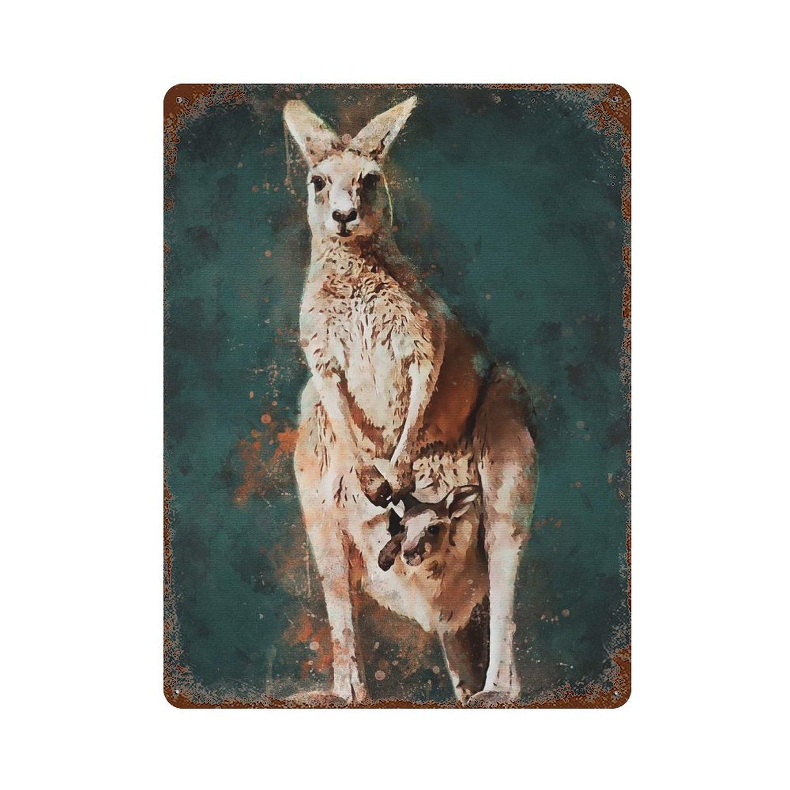 Aged Metal Wall Plaque with Splatter Kangaroo Design 15.7"x11.8", for Shed, Workshop And Garage Wall Decor, Decorative Metal Wall Art