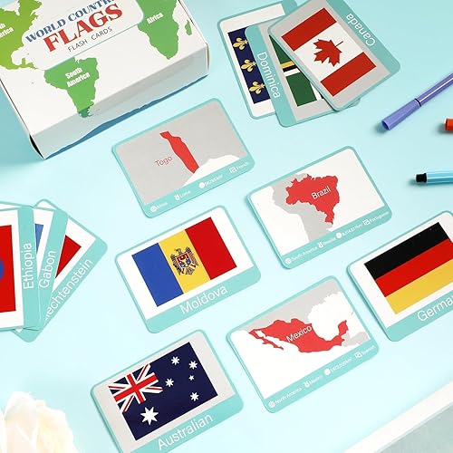 Miniatura 4 de 244 tarjetas didácticas de banderas de países del mundo, continente, capitales, población, bandera de país, geografía, juego de tarjetas educativas,