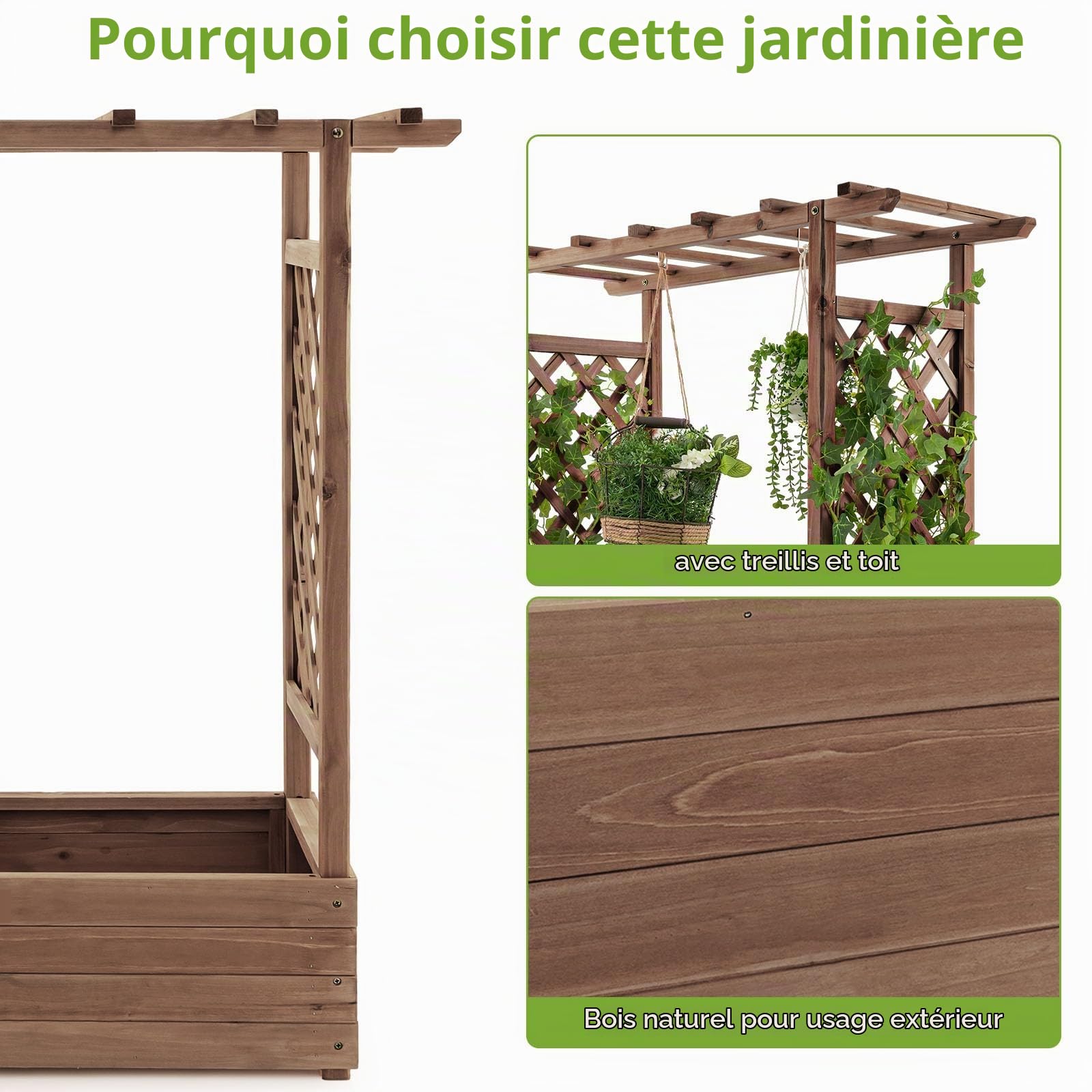 HOMASIS Support pour Plantes d'extérieur, jardinière avec Grille, étagère en Bois pour Plantes, Grand Support pour Plantes grimpantes, jardinière surélevée avec Drainage, pour Jardin, Balcon (Brun)