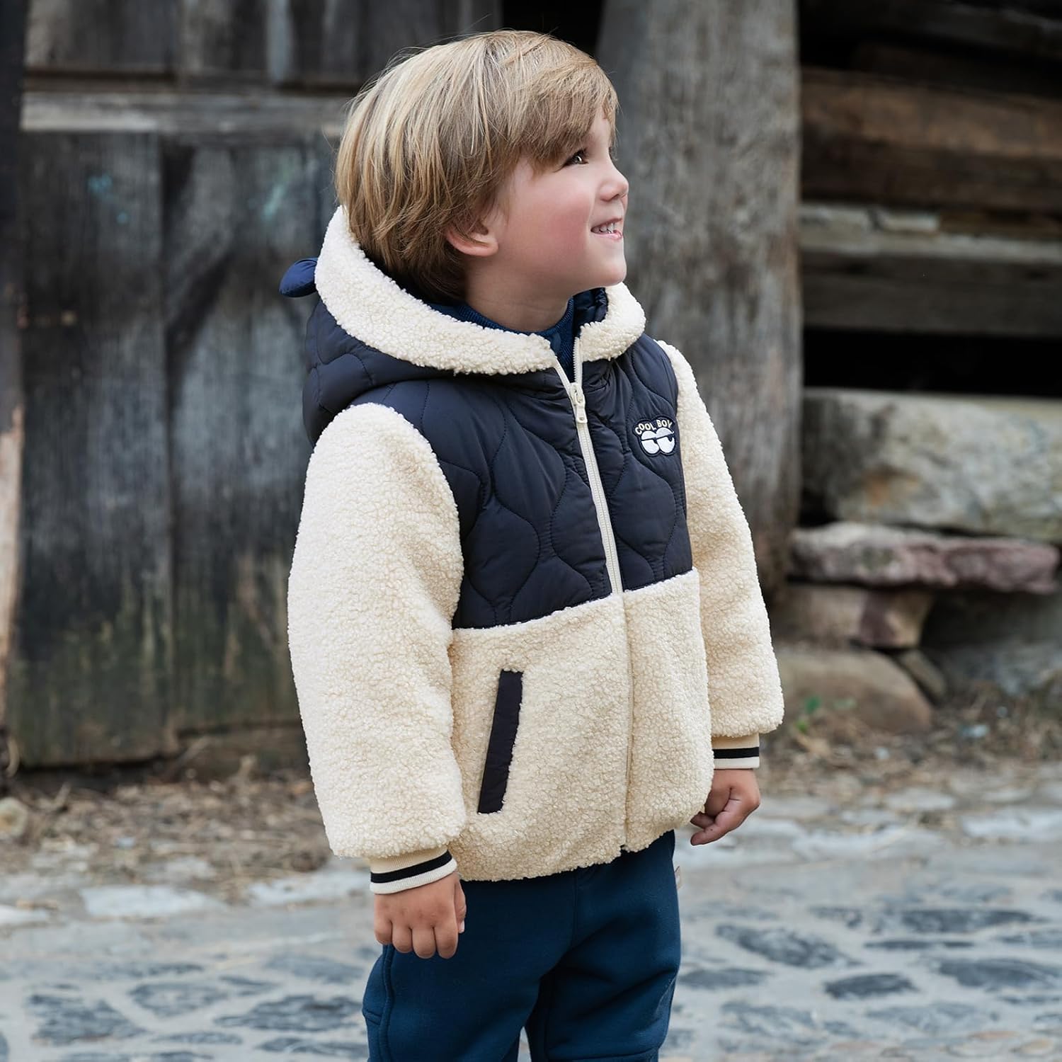 DAVE&BELLA Toddler Boys Winter Coats, Warm Windproof Puffer Jacket Bear Hooded Patchwork Sherpa Fleece Jacket Baby Outerwear