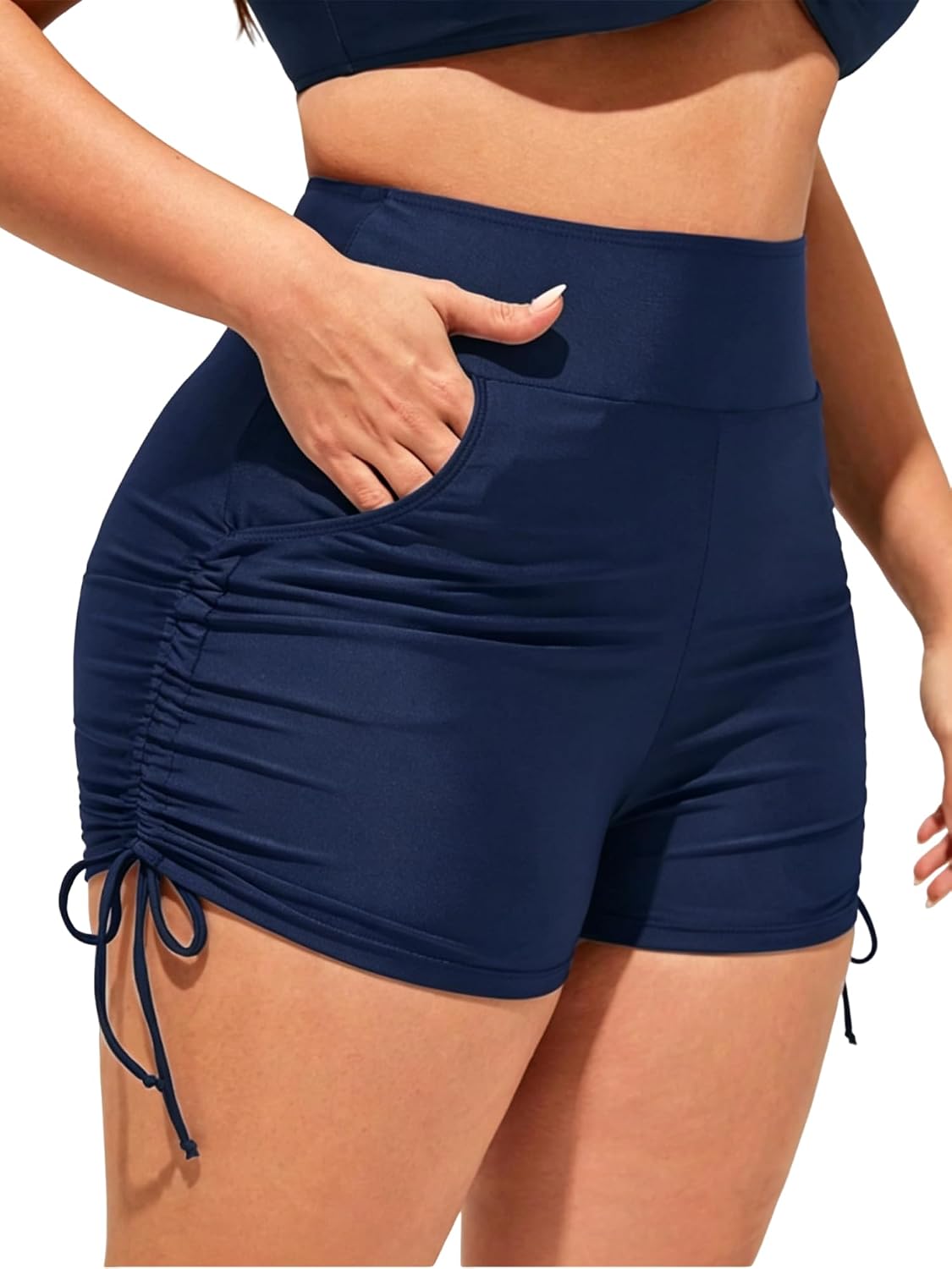 WODECASA Women's Plus Size Swim Shorts High Waist Side Drawstring Full Coverage Swimsuit Bottoms with Pockets