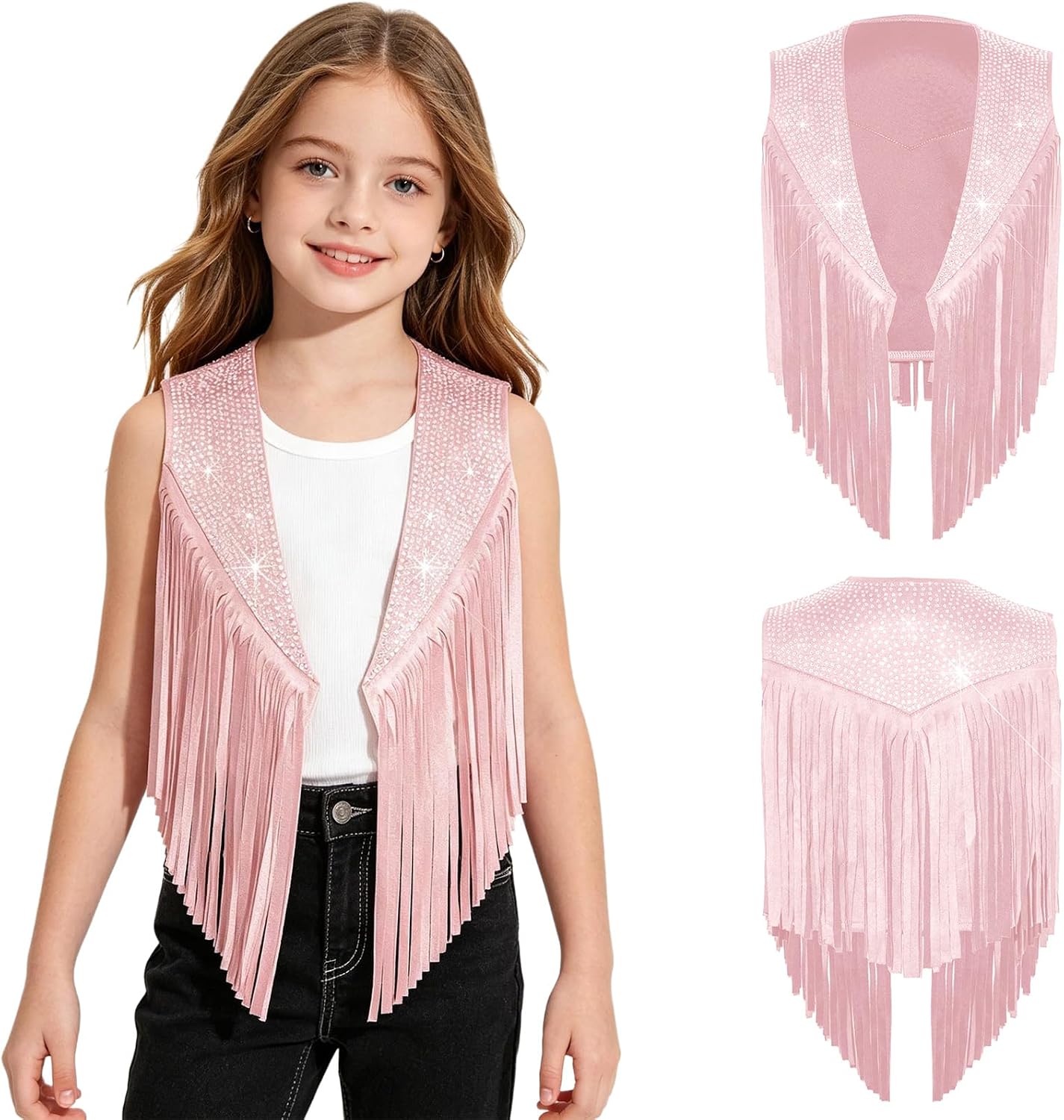 Agoky Girls Faux Suede Jacket Cowgirl Vest Boho Tassels Cardigan Western Redeo Performance Outfit for Hippie