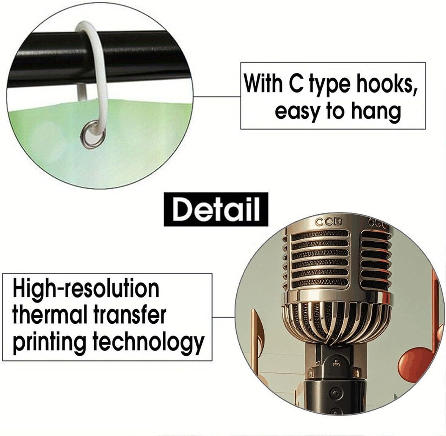 Microphone with Music Note Shower Curtain for Home, Reusable Curtain Liner with Hooks, Lightweight Bath Curtains for Hotel, Waterproof Bath Curtains for Gym, Apartment, 70.8"x70.8" image 4