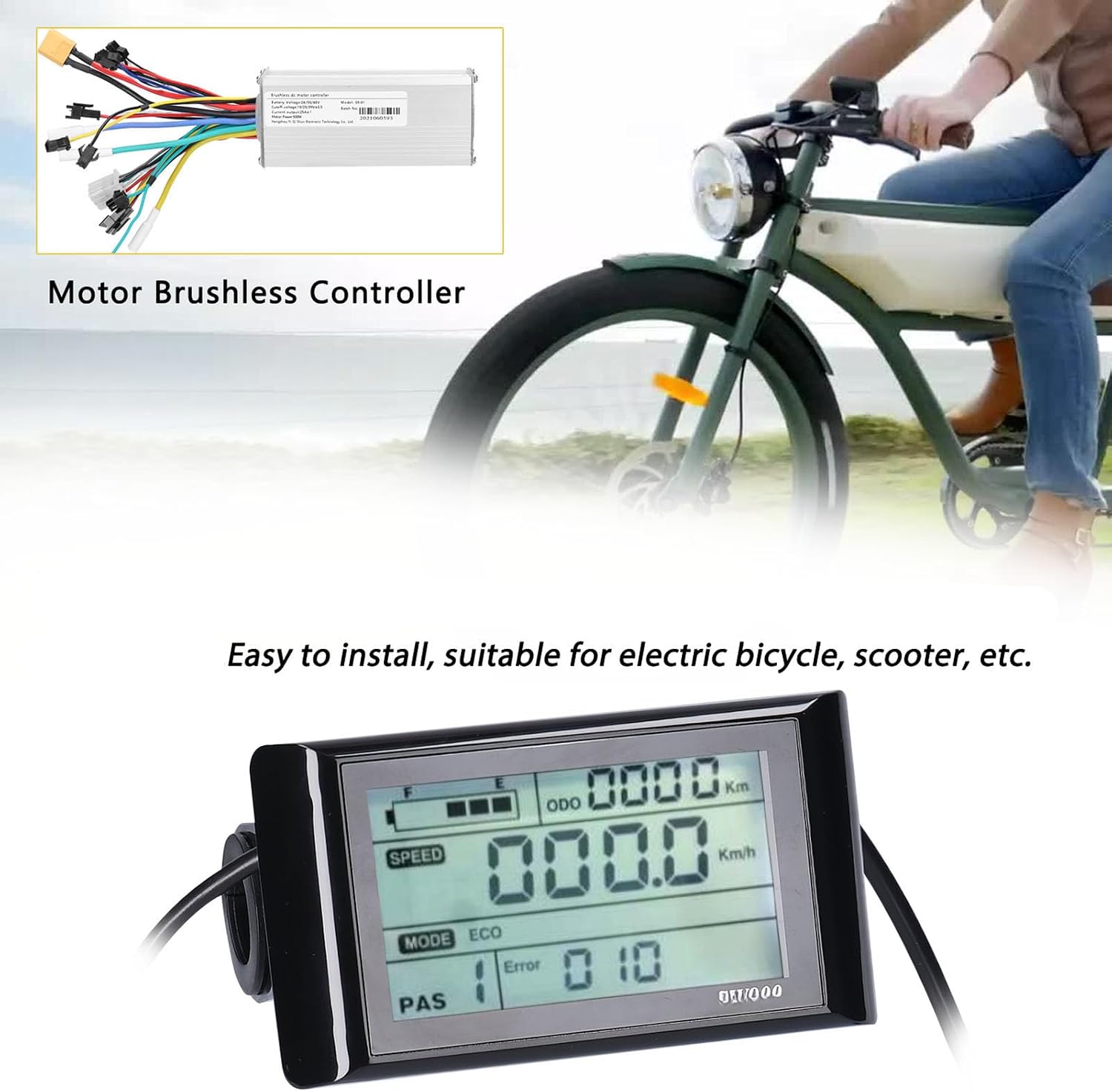 Generic S9-61 Brushless Controller with wires, and a close-up of a digital display unit for an electric bike or scooter.