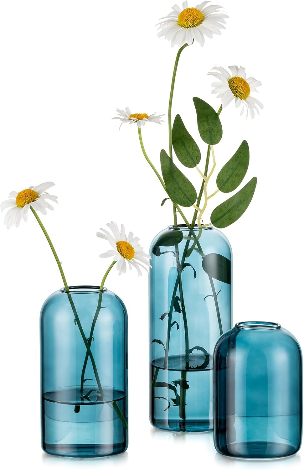 Glasseam Bud Vases for Flowers, Cute Blue Vase Set of 3, Small Glass