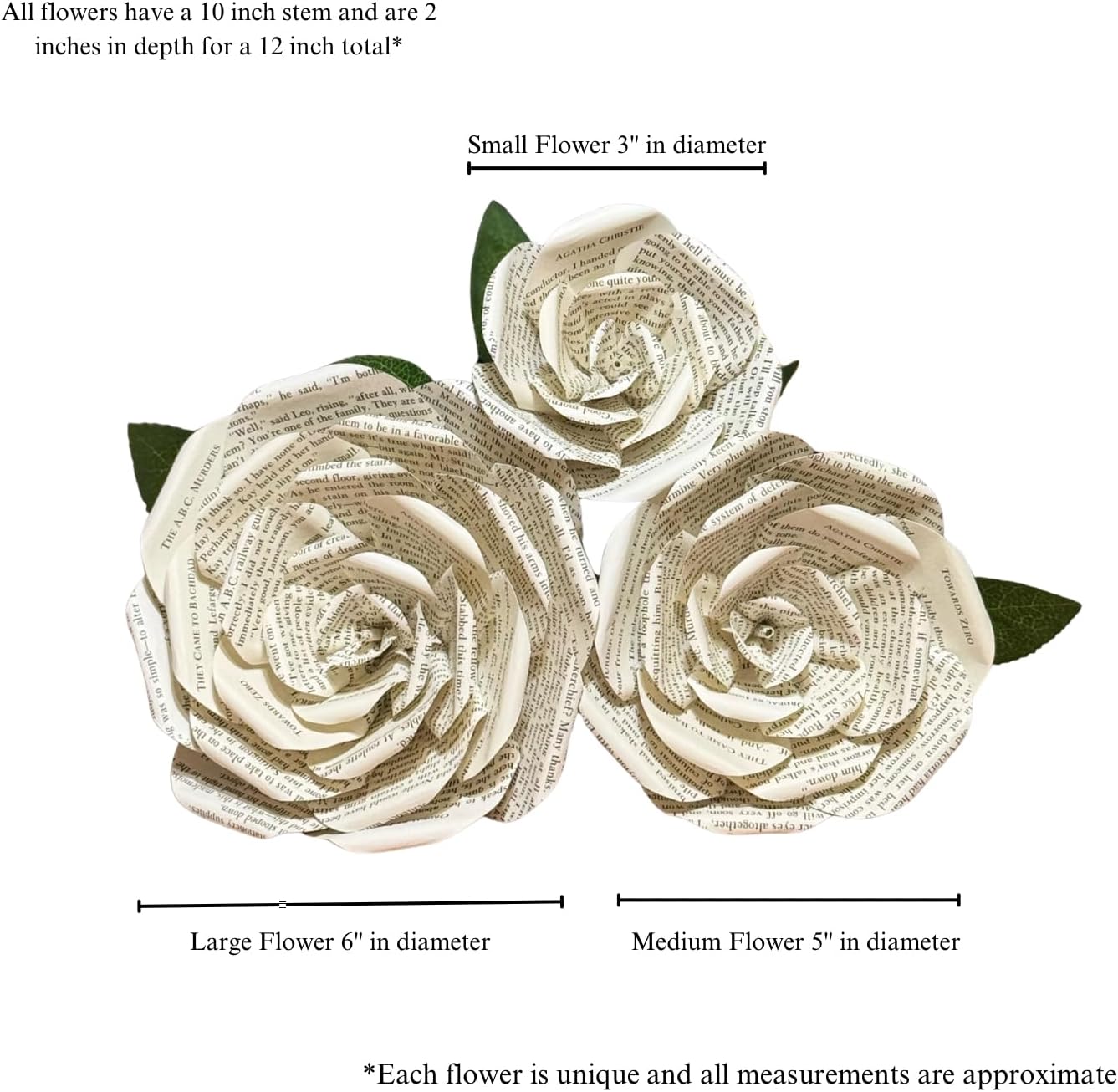 Agatha Christie Handmade Paper Flowers. One-of-a-Kind Single Roses from Mystery Novels. Available in 3 Sizes. Unique Gift for Book Lovers. (Small 3" Single Rose)