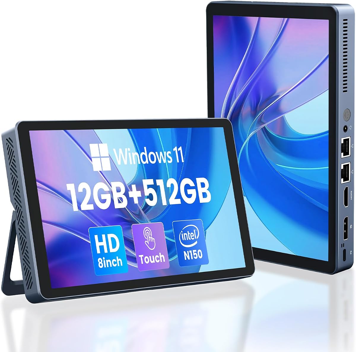 Mini PC N150 (up to 3.6GHz) 12GB RAM DDR5 512GB SSD Win 11 Pro Desktop Computer with LCD Screen, 4K@60Hz Dual 1000M LAN, Full-Featured USB-C WiFi 6 BT5.2 HDMI Desktop