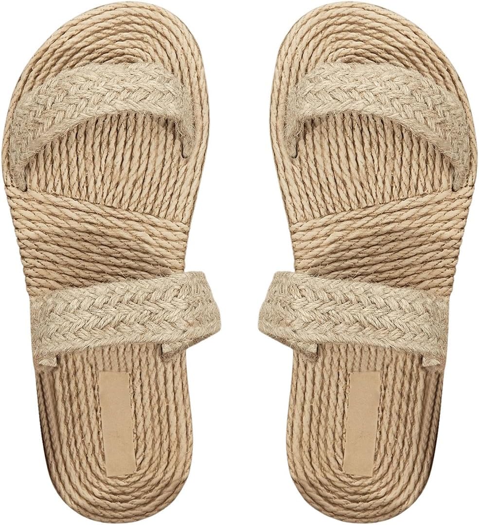 OYOANGLE Women's Double Bands Linen Sandals Open Toe Straw Slide Slippers Beach Flat Sandal 8 Khaki