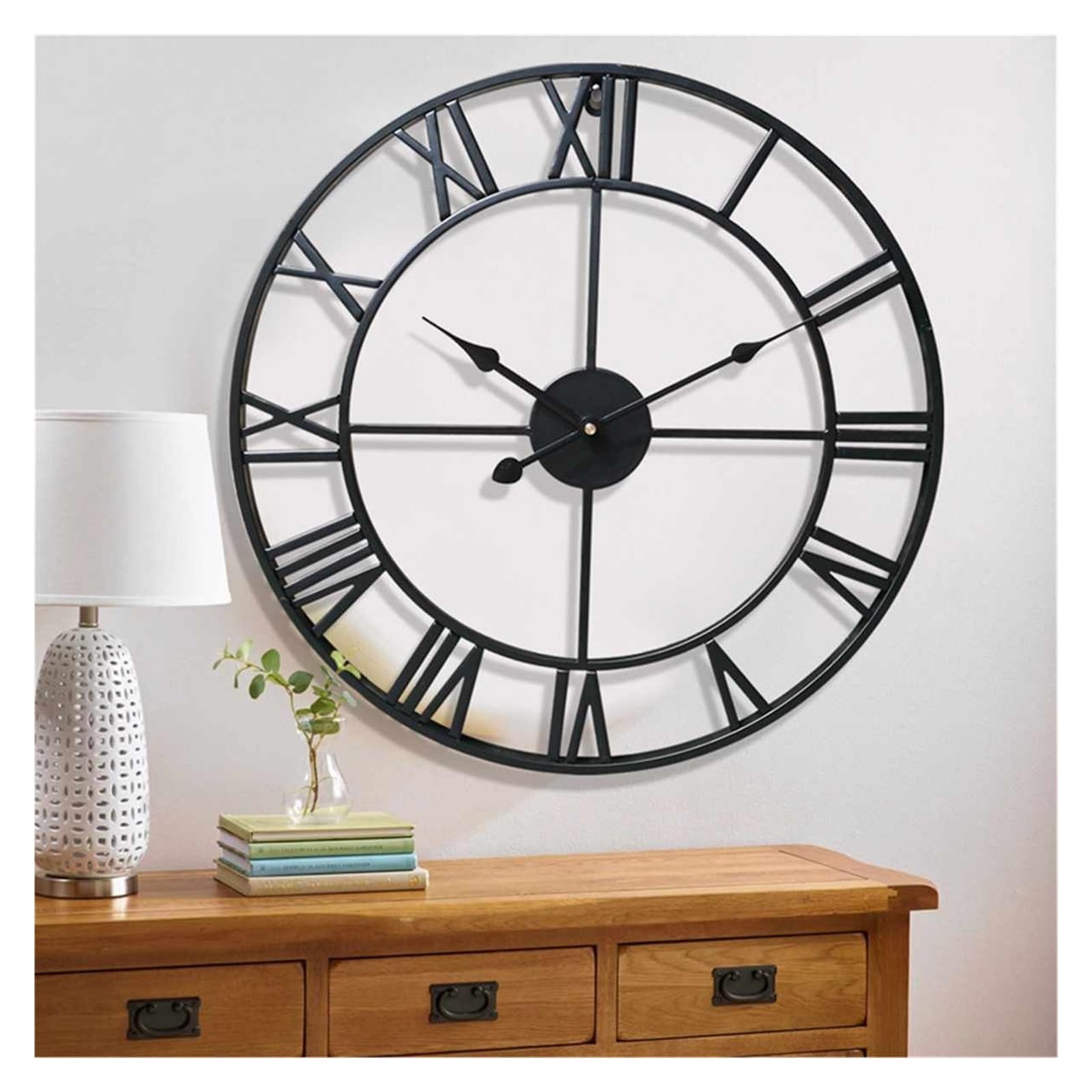 60 CM Grandi Orologi Da Parete 3D Numeri Romani Retro Rotondo In Metallo Ferro Accurato Silenzioso Nordico Appeso Ornamento Decorazione Del Soggiorno Funzionamento Silenzioso(BLACK)
