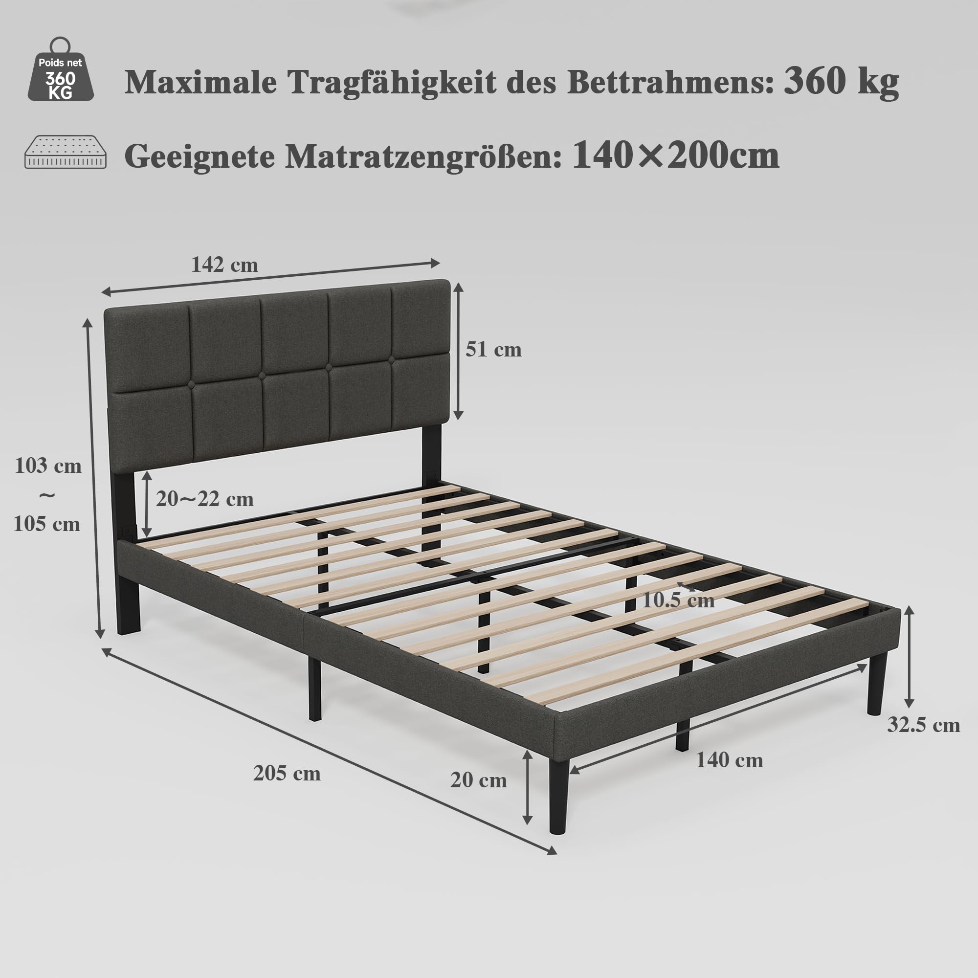 Z-hom Polsterbett 140x200cm Doppelbett, 32.5 cm Hohes Bett 140x200 mit Lattenrost aus Holz, Höhenverstellbares Kopfteil, Kompakte Verpackung & Einfache Montage
