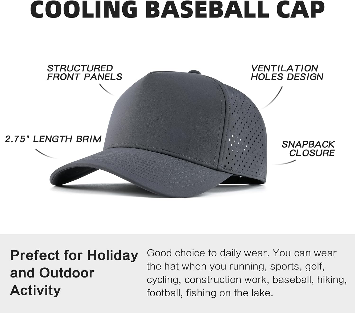 BOTVELA Men Adjustable Snapback Baseball Cap Vented Performance Laser Cut Mesh Hat - Image 6