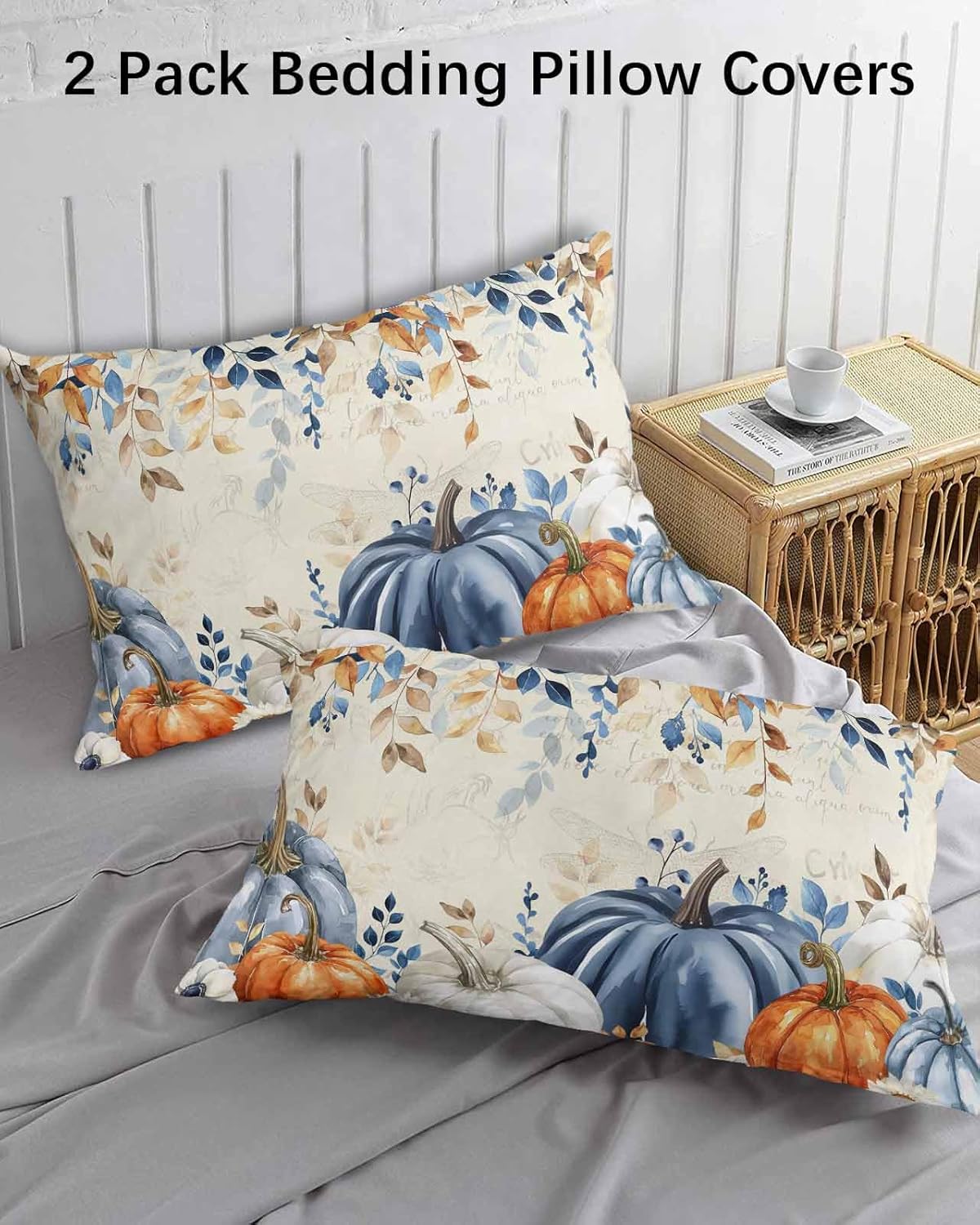 DecorLovee Fall Blue Pumpkins Pillow Cases Standard Size Set of 2, Orange Botanical Bed Throw Pillow Covers, Thanksgiving Retro Decorative Lumbar Pillow Cover with Envelope Closure 20x26Inch