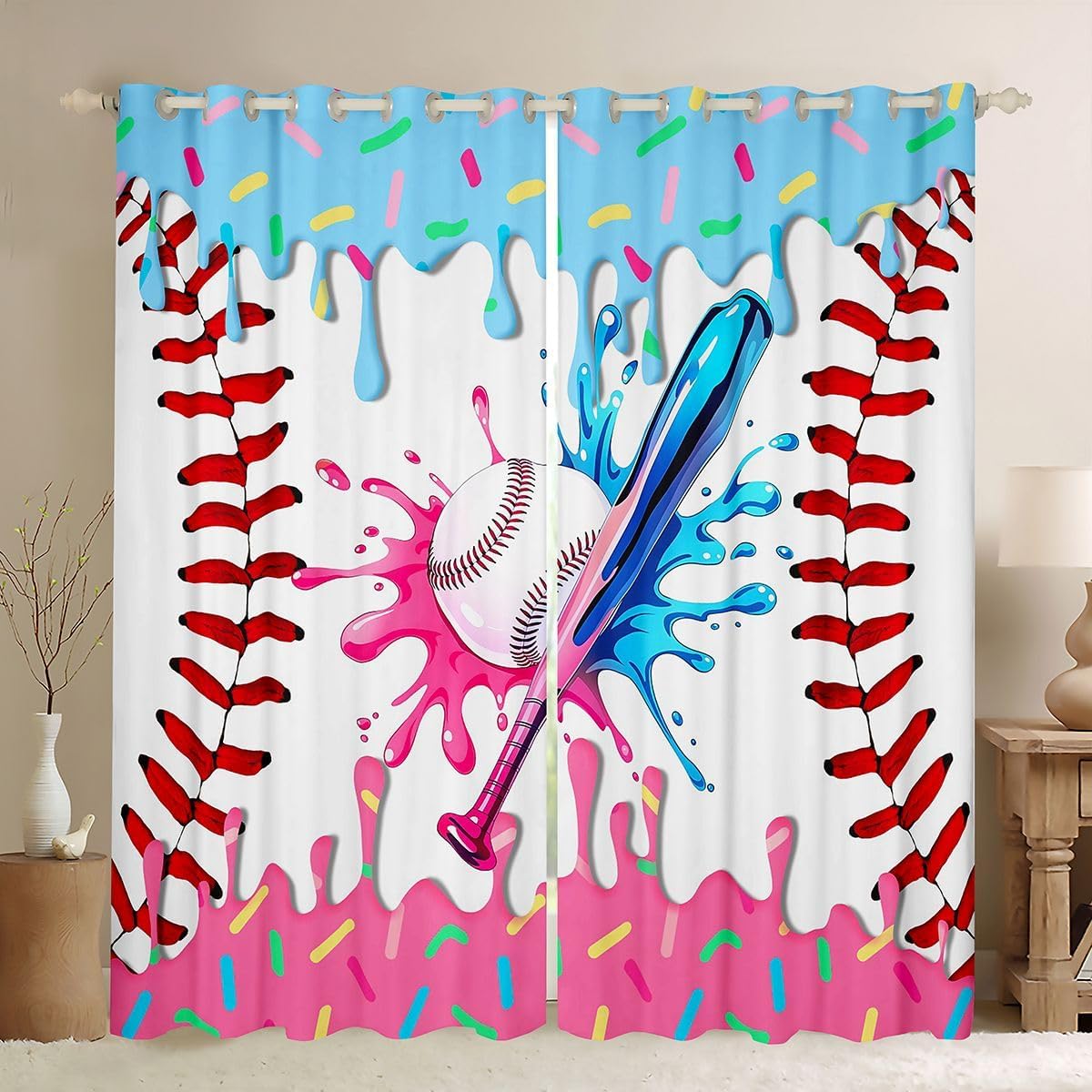Baseball Ice Cream Window Drapes Pink Blue Ice Cream Drip Blackout Curtains 52"Wx63"L Baseball Sports Gaming Curtains for Bedroom Living Room Colorful Sprinkles Cake Candy Window Treatments 2 Panels