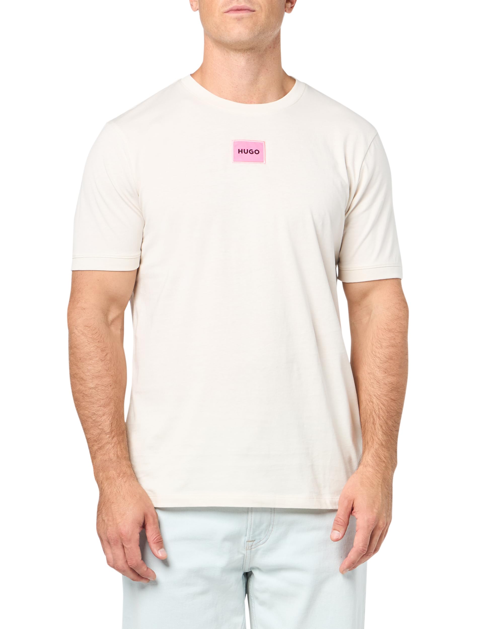 HUGO Ribbed Crew Neck Regular Fit Center Logo T-Shirt Camiseta, Crema Whisper, XXL para Hombre