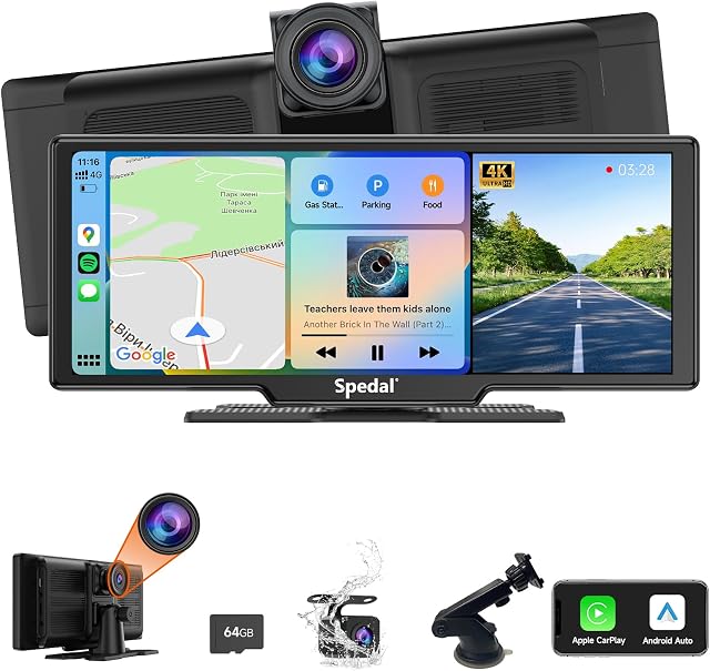 Spedal Bezprzewodowa kamera samochodowa Apple CarPlay i Android Car Stereo z kamerą przednią 4K, z przodu z tyłu, ekran dotykowy IPS o przekątnej 9,3", funkcja Auto Play z Bluetooth, nadajnik AUX/FM,