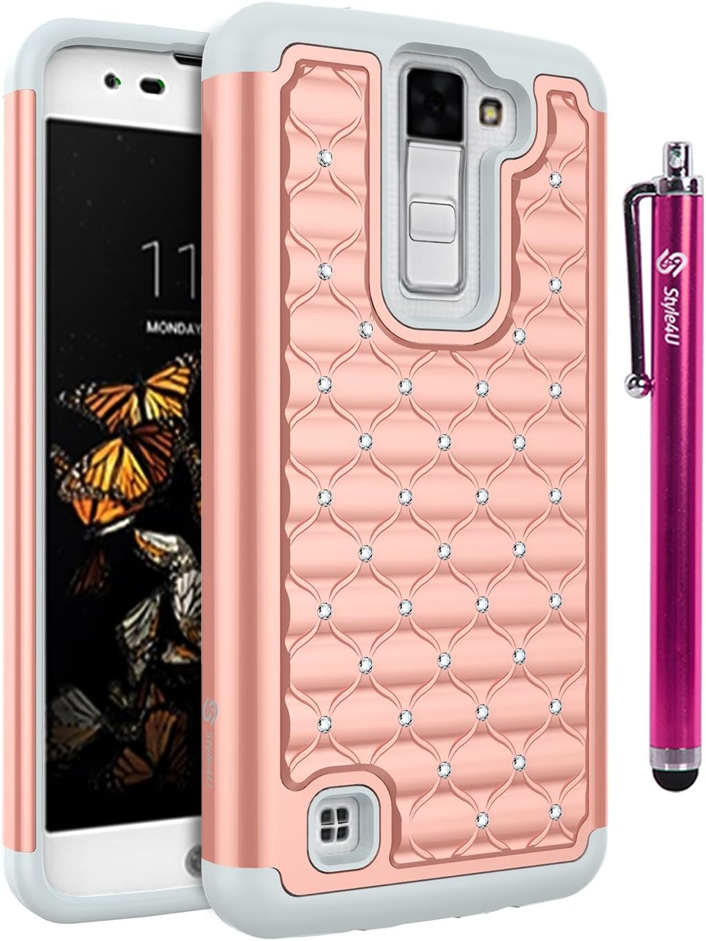 Style4U LG K8 Case, LG Escape 3 Case, LG Phoenix 2 Case, Studded Rhinestone Crystal Bling Hybrid Armor Case Cover for LG K8 / LG Escape 3 / LG Phoenix 2 with 1 Stylus [Rose Gold/Grey]