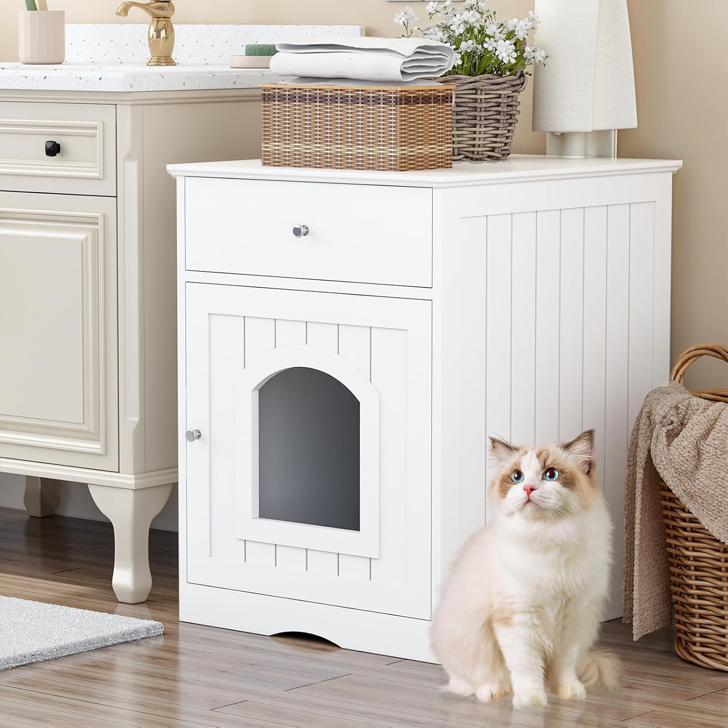 Cat Litter Box Enclosure-Hidden Decorative Cat Litter Box Furniture, Large Indoor Pet House with Drawer and Side Hook for Bedroom,Living Room,Bathroom(White)