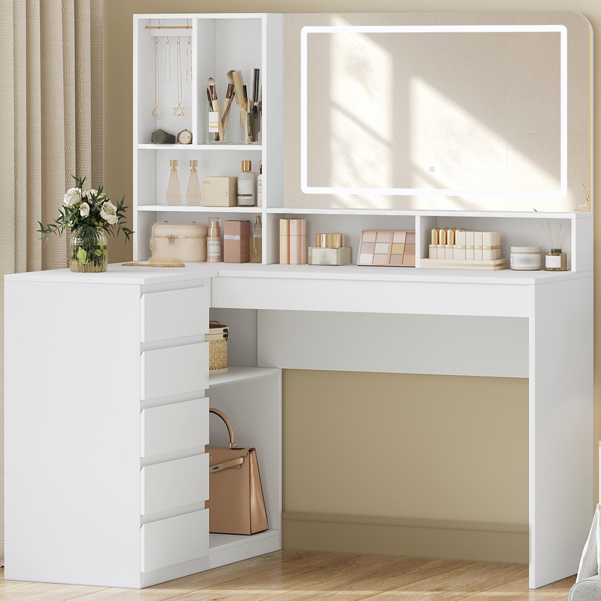 Hzuaneri Corner Dressing Table with LED Lighting, 3 Colors Adjustable Brightness, Makeup Vanity Desk with Large Mirror, 5 Drawers, 7 Open Shelves, for Bedroom, White DT42503XUK