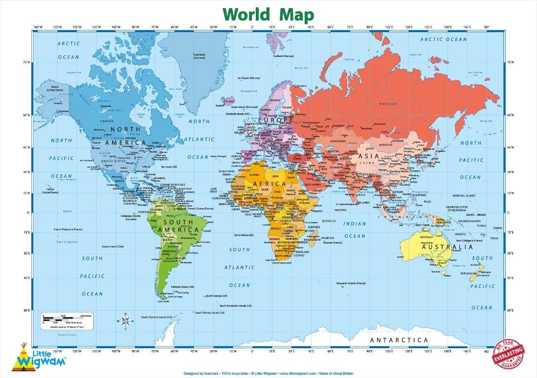 Little Wigwam World Map "No Tear Guarantee" Educational Poster (60 x 42cm)