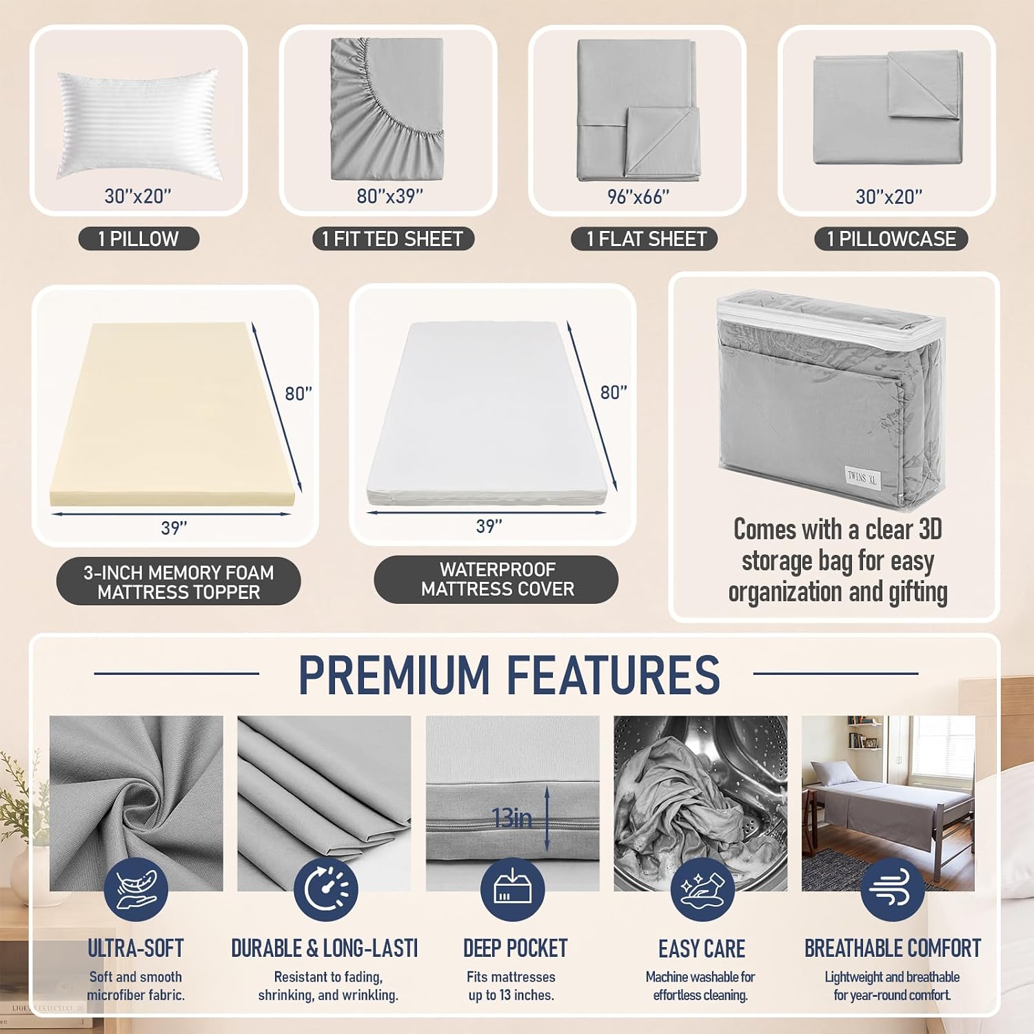 Ripeng Twin XL Mattress Topper 3 Inch Memory Foam, 6 Pcs Bedding Set, Gray