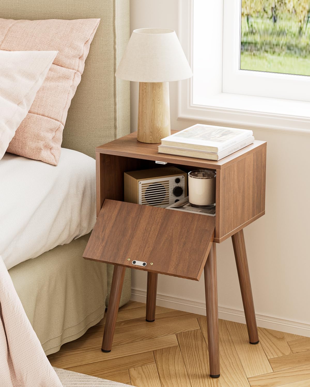 Night Stand Set 2, Walnut Nightstand with Fluted Doors, Small Modern Mid-Century Bedside Table for Bedroom, End Table for Living Room