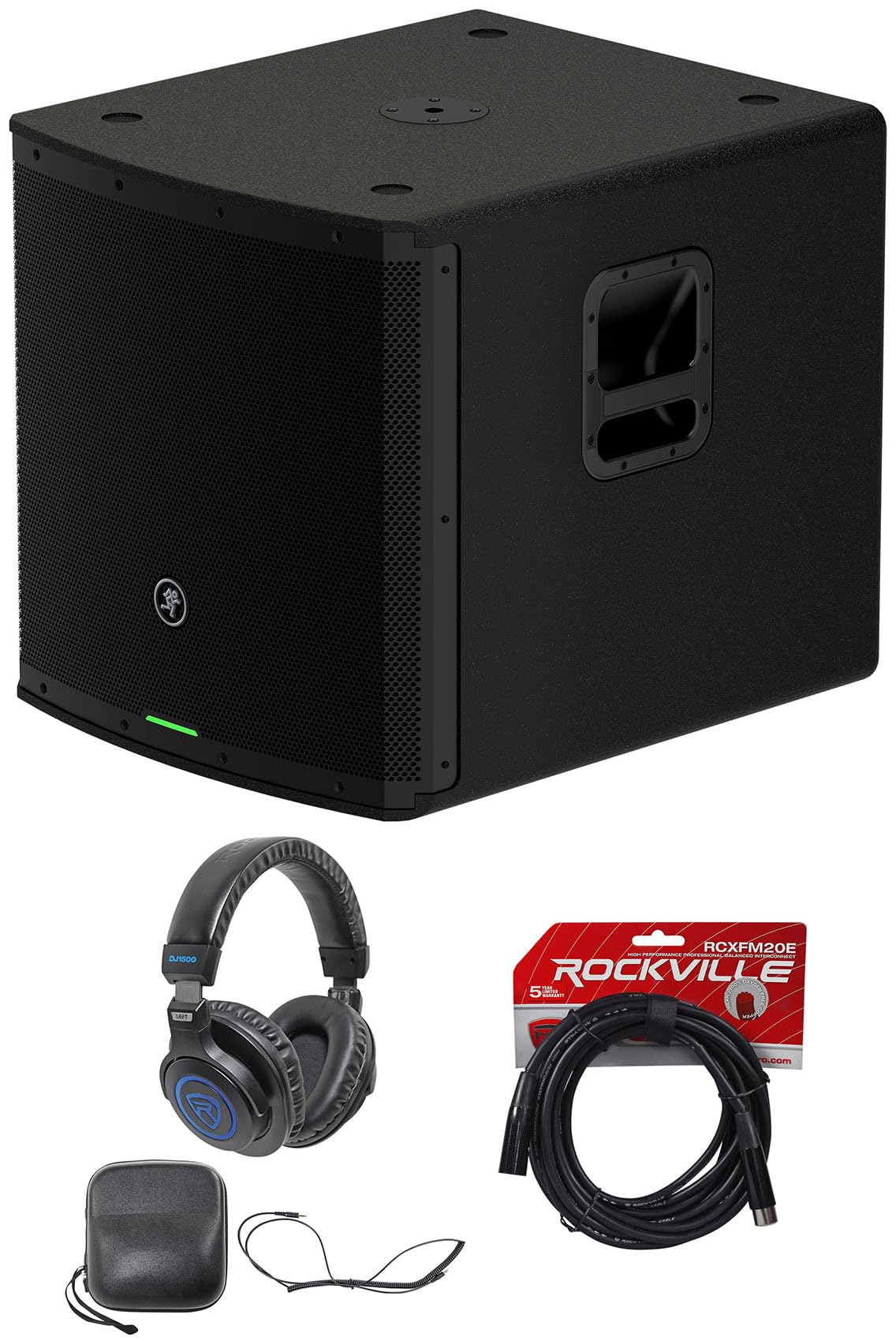 Audiosavings Bundle: (1) Mackie SR18S 18 1600W Professional Powered Active DJ PA Subwoofer Sub Bundle with (1) Rockville RCXFM20E-B Mic Cable, (1) Rockville DJ1500 DJ Headphones (3 Item)