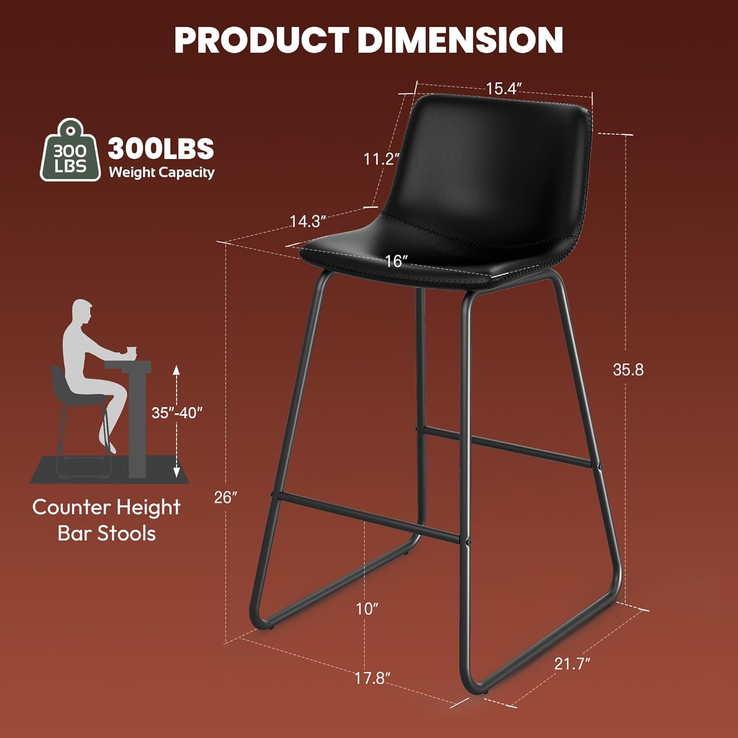 YaFiti 26 inch Bar Stools Set of 2, Modern Bar Height Barstools, Faux Leather Barstools with Back and Metal Leg, Armless Tall Bar Dining Chairs for Kitchen Island Counter, Black