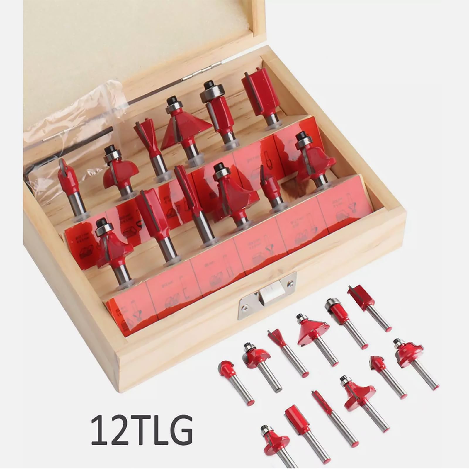 Juego de 12 fresas para fresadora de 6 mm, mango de 6 mm, fresa de ranura, fresa de perfil, fresa superior, juego con maletín de madera para trabajar la madera (rojo)